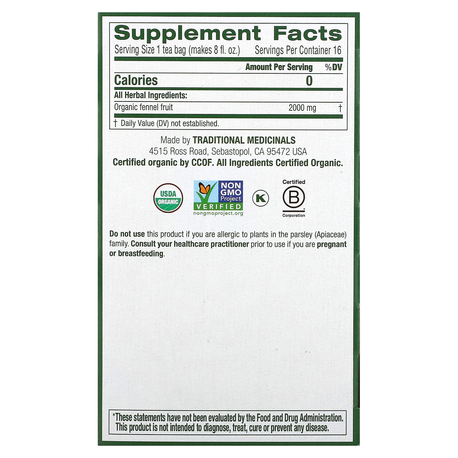 Traditional Medicinals, Organic Fennel, Caffeine Free, 16 Wrapped Tea Bags, 1.13 oz (32 g) - Image 2