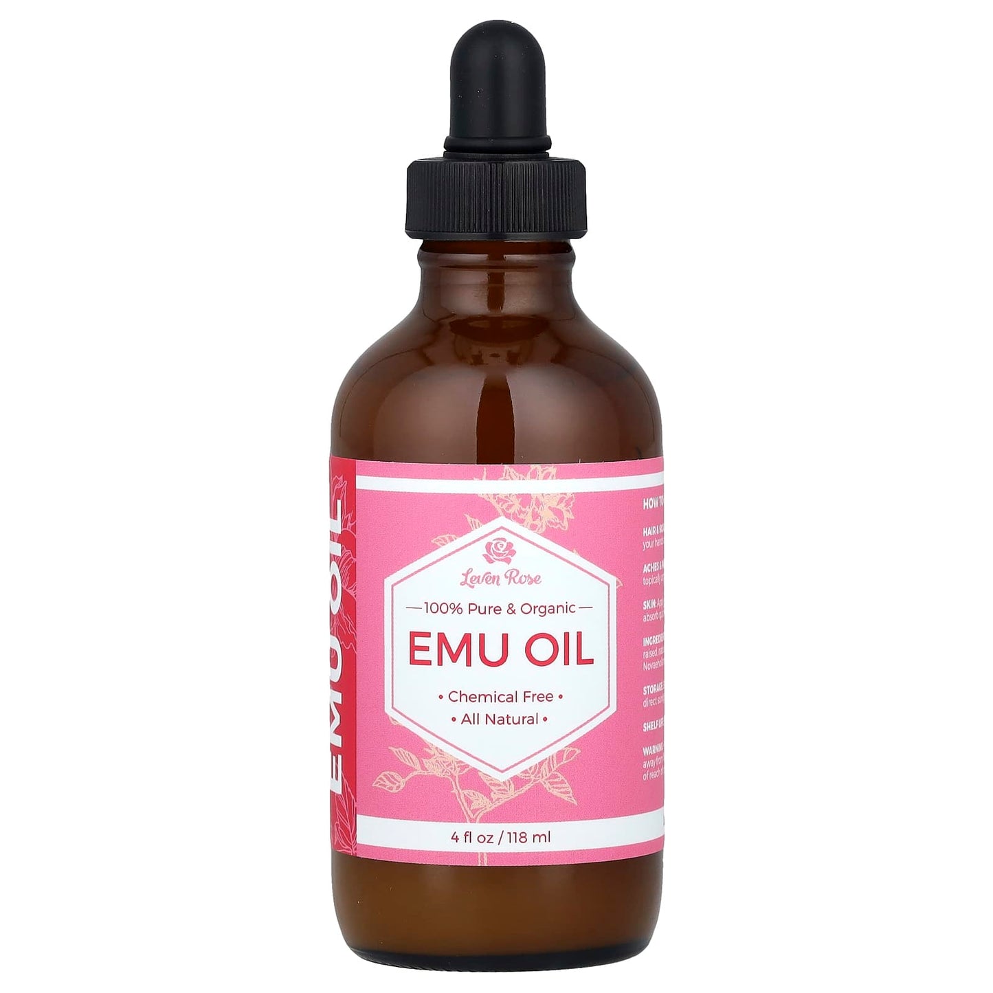 Leven Rose, 100% Pure & Organic Emu Oil, 4 fl oz (118 ml) - Image 1