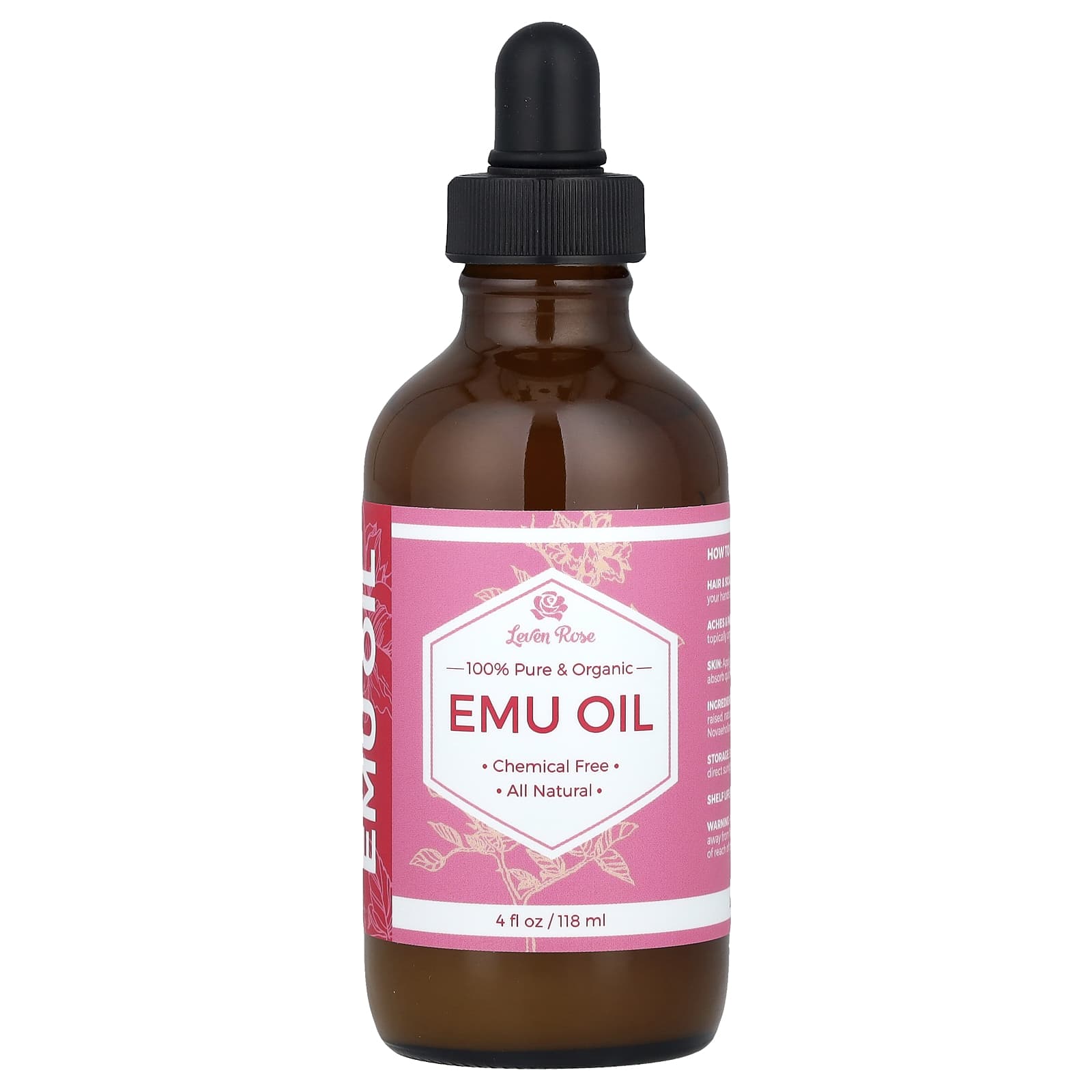 Leven Rose, 100% Pure & Organic Emu Oil, 4 fl oz (118 ml) - Image 1