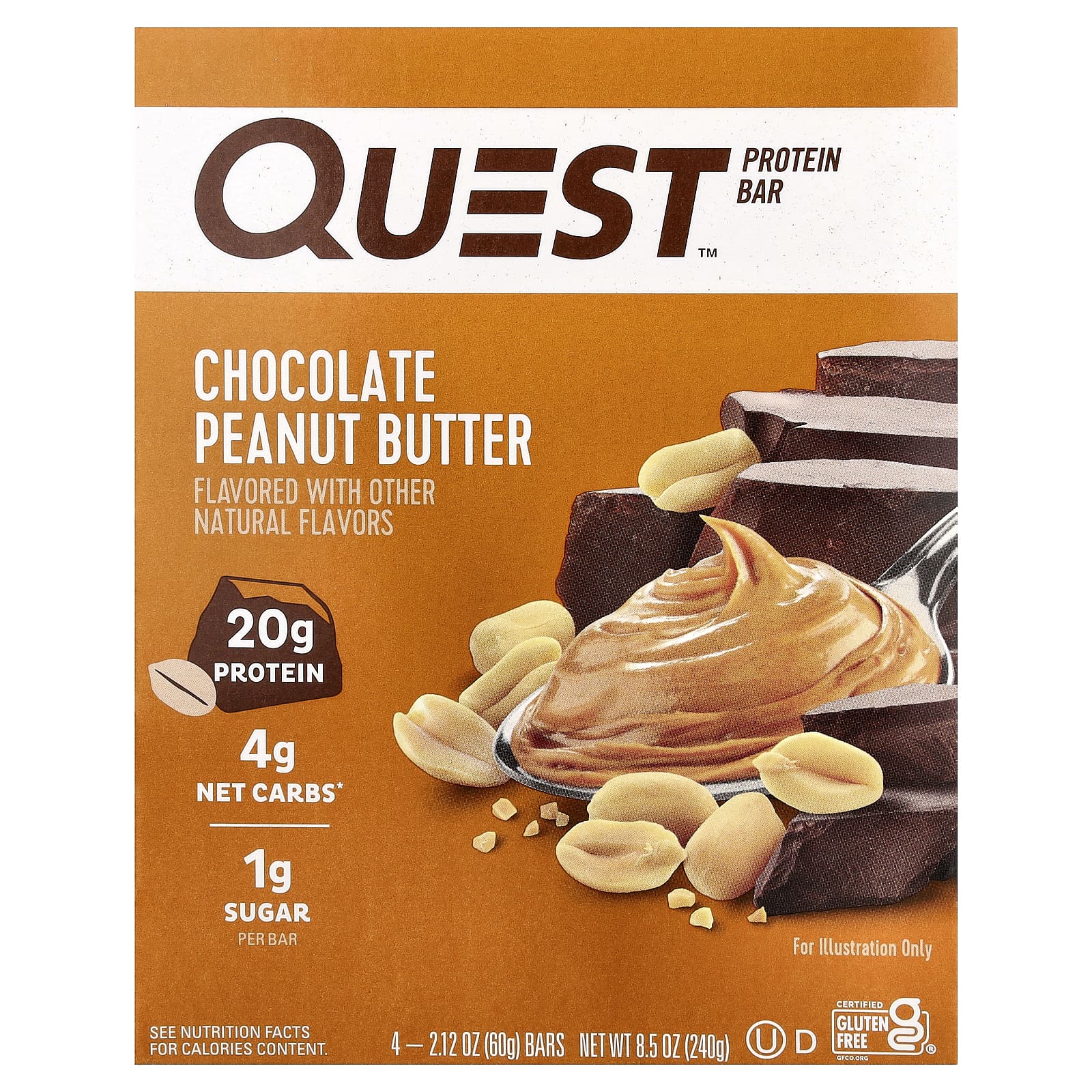 Quest Nutrition, Protein Bar, Chocolate Peanut Butter, 4 Bars, 2.12 oz (60 g) Each - Image 1