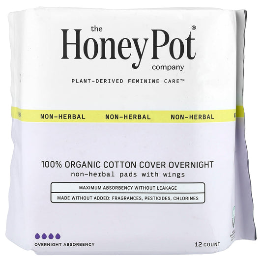 The Honey Pot Company, Organic Non-Herbal Pads with Wings, Overnight, 12 Count - Image 1