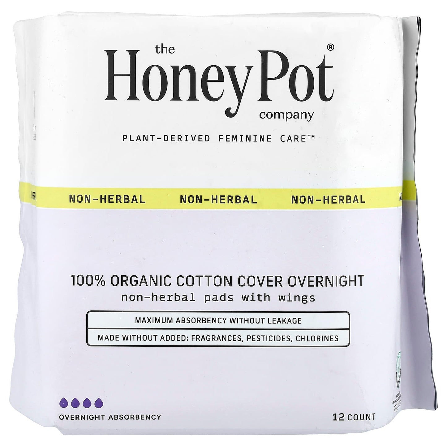 The Honey Pot Company, Organic Non-Herbal Pads with Wings, Overnight, 12 Count - Image 1