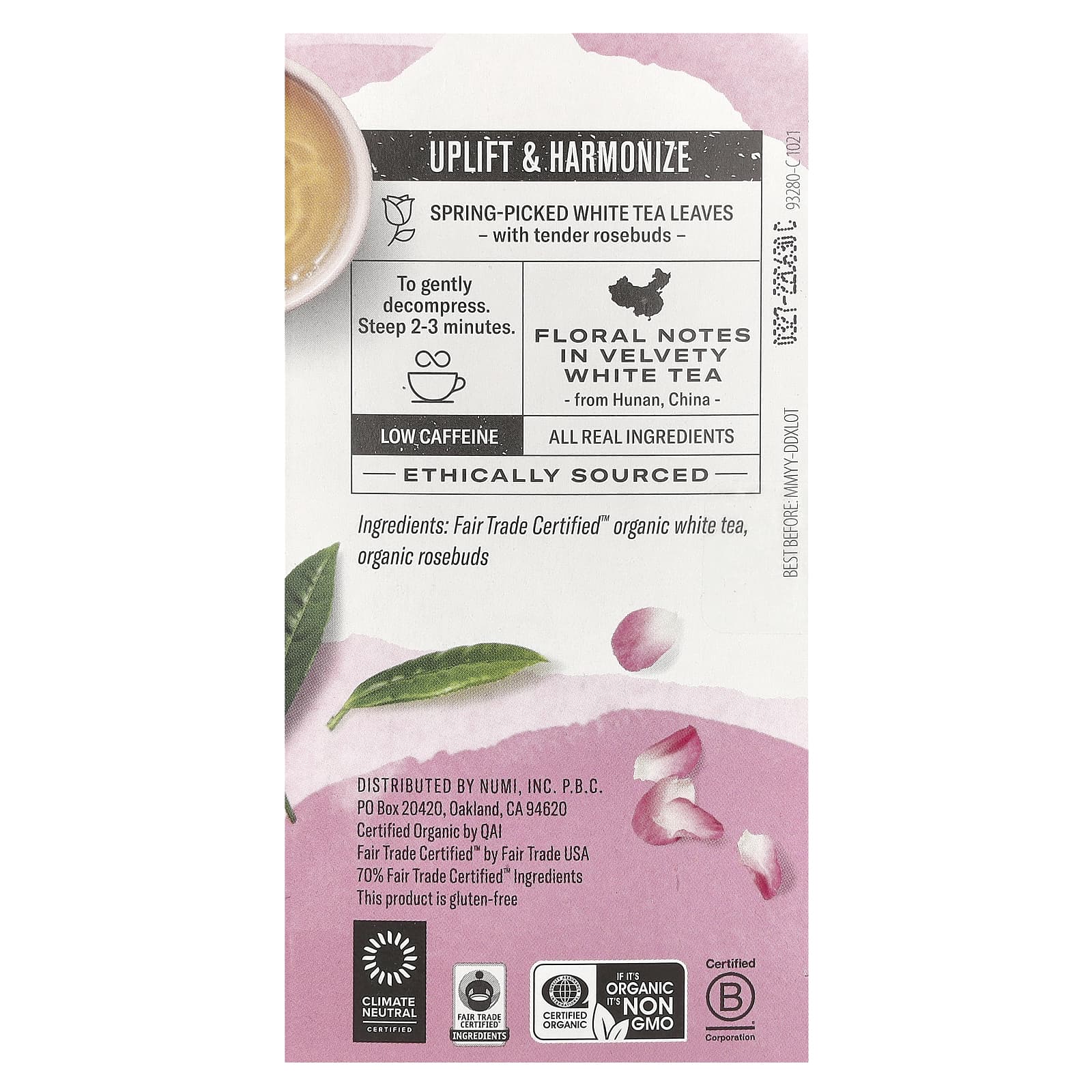 Numi Tea, Organic White Tea, White Rose, 16 Non-GMO Tea Bags, 1.13 oz (32 g) - Image 2