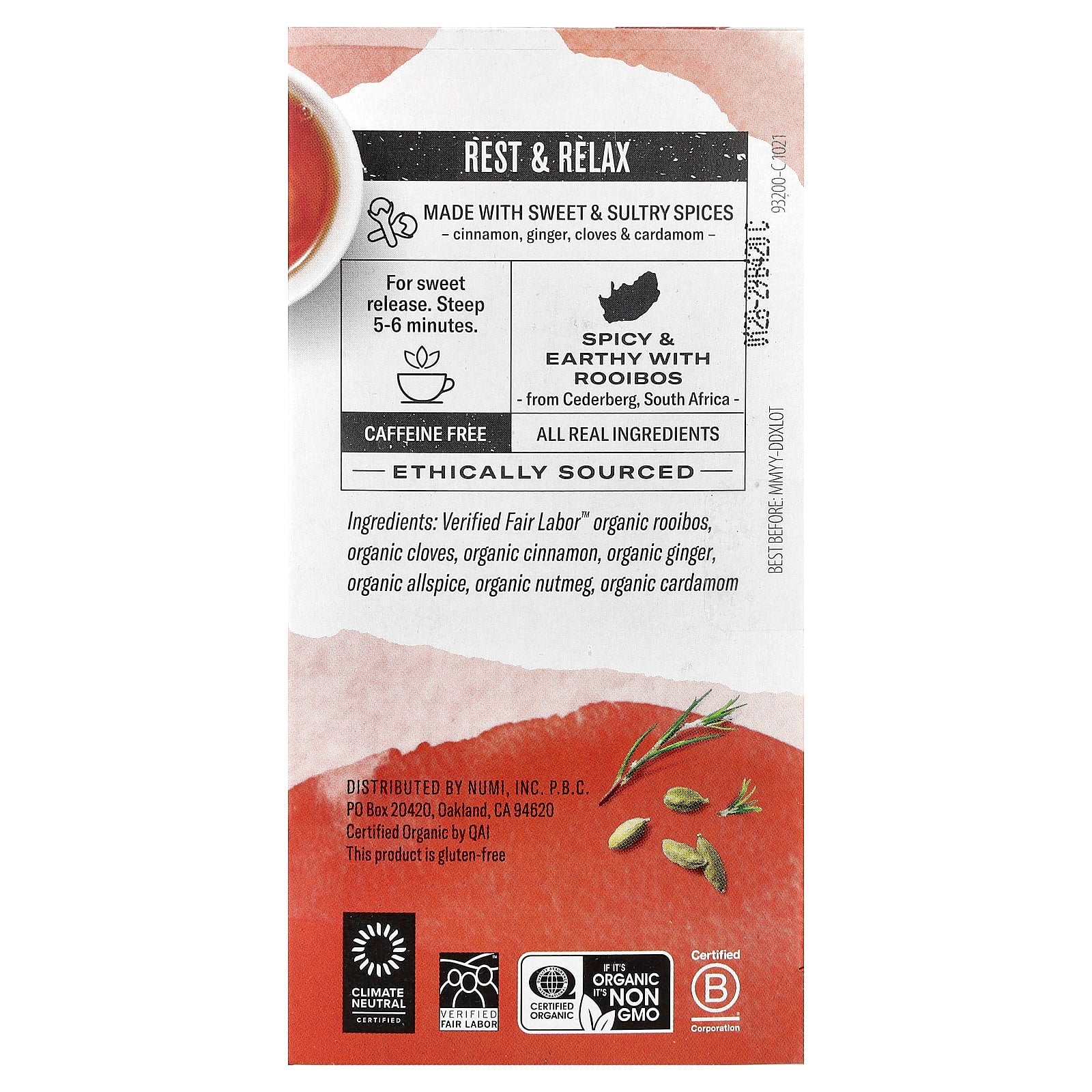 Numi Tea, Organic Herbal Teasan, Rooibos Chai, Caffeine Free, 18 Non-GMO Tea Bags, 1.71 oz (48.6 g) - Image 2