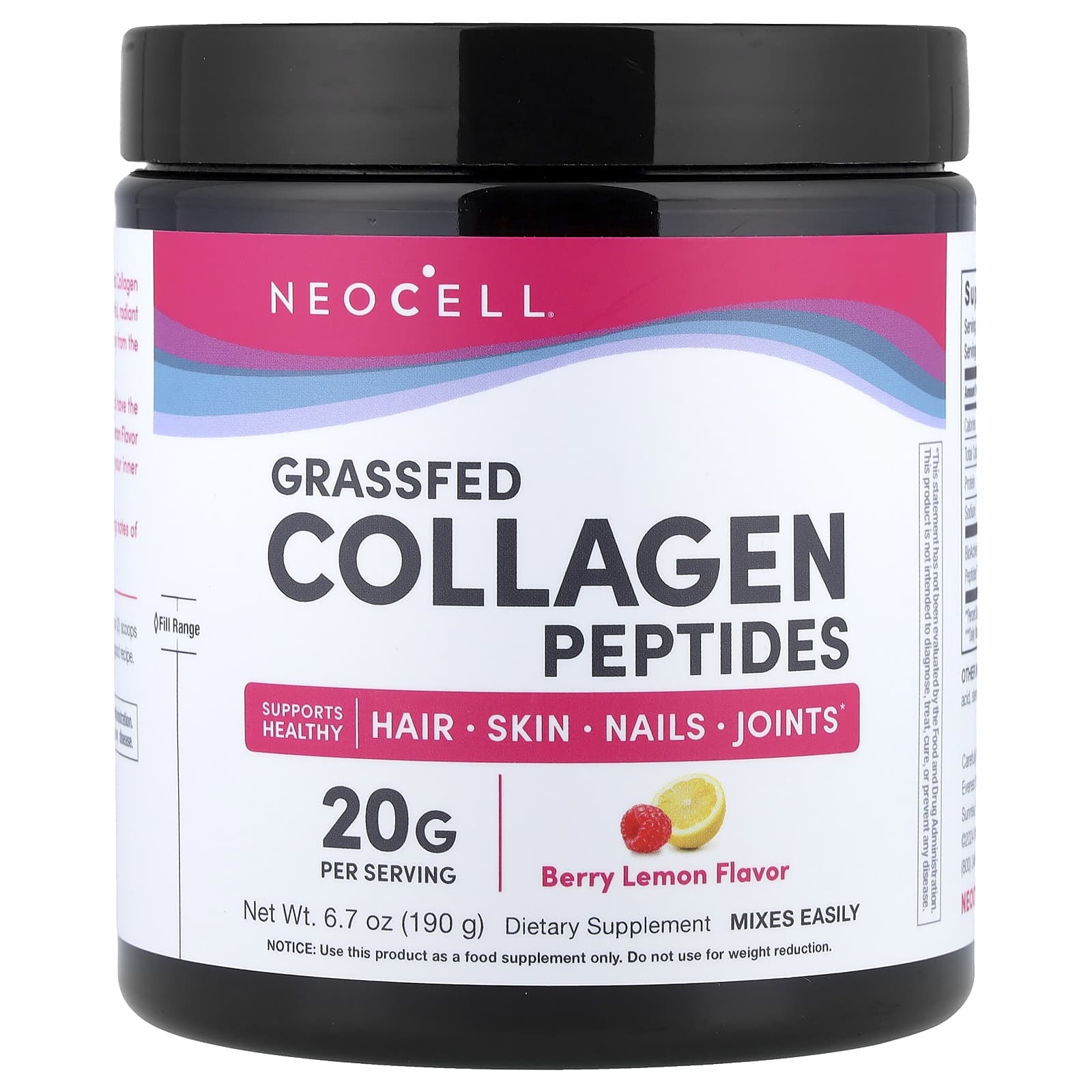 NeoCell, Grassfed Collagen Peptides, Berry Lemon, 6.7 oz (190 g) - Image 1