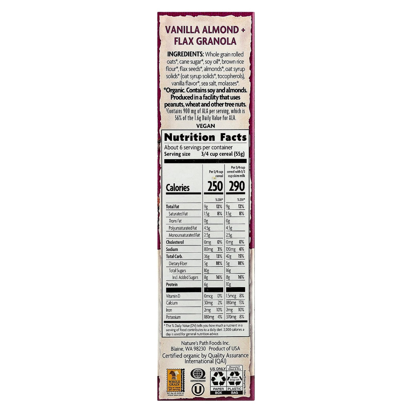Nature's Path, Organic Vanilla Almond + Flax Granola Cereal, 11.5 oz (325 g) - Image 2