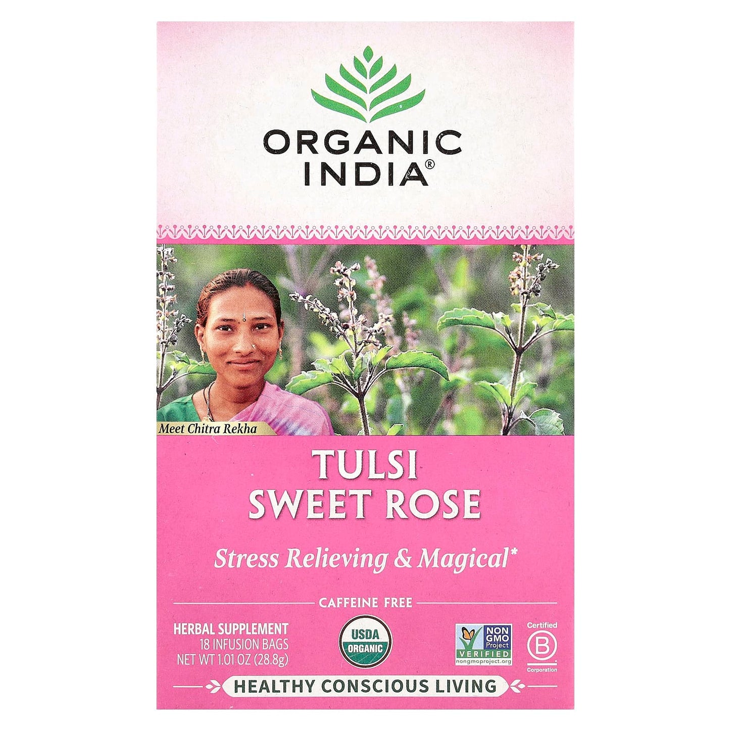Organic India, Tulsi Tea, Sweet Rose, Caffeine Free, 18 Infusion Bags, 1.01 oz (28.8 g) - Image 1