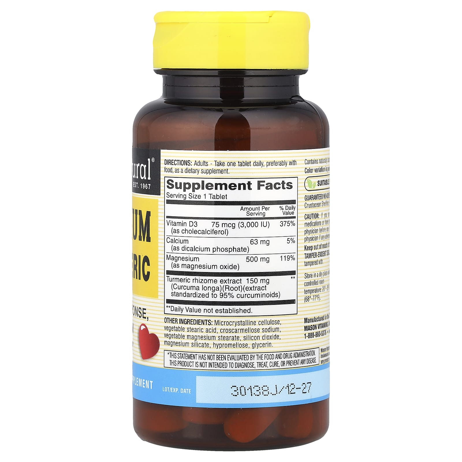 Mason Natural, Magnesium, Vitamin D3 & Turmeric, 60 Tablets - Image 2