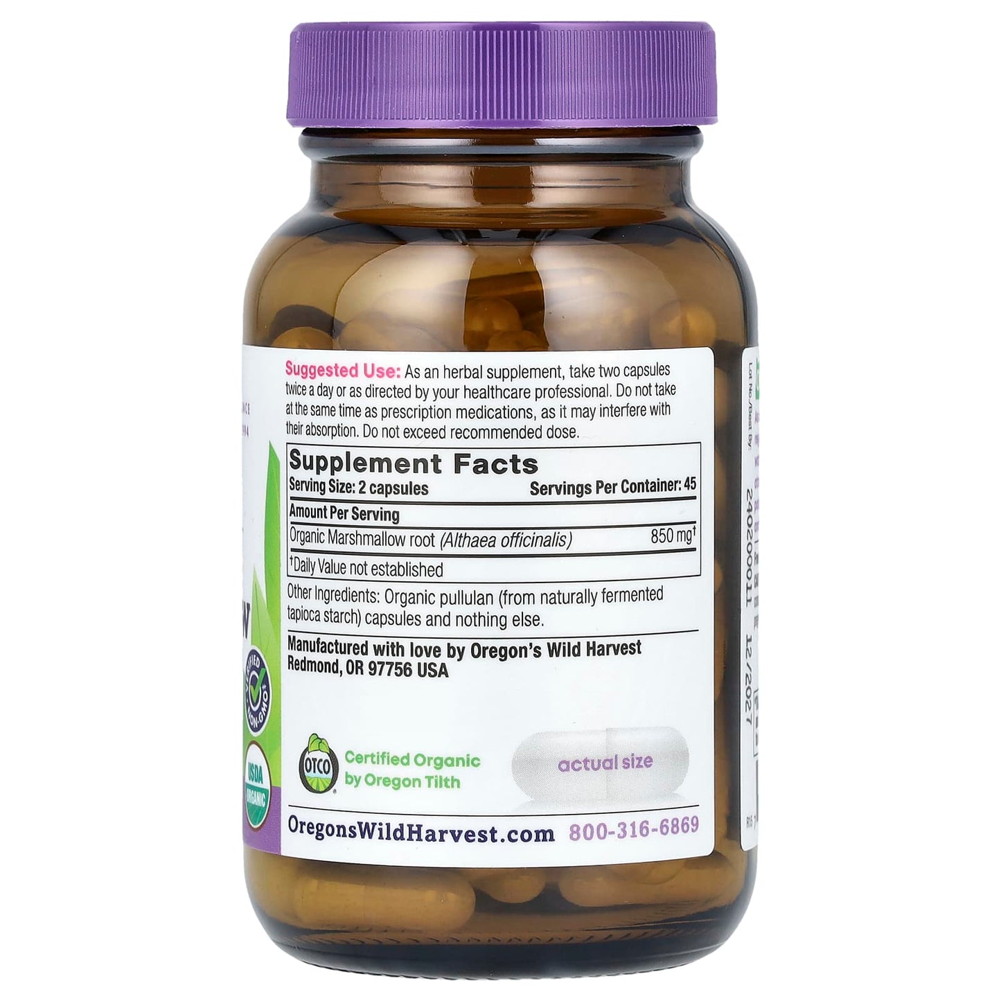 Oregon's Wild Harvest, Organic Marshmallow, 90 Organic Vegan Capsules (425 mg per Capsule) - Image 2