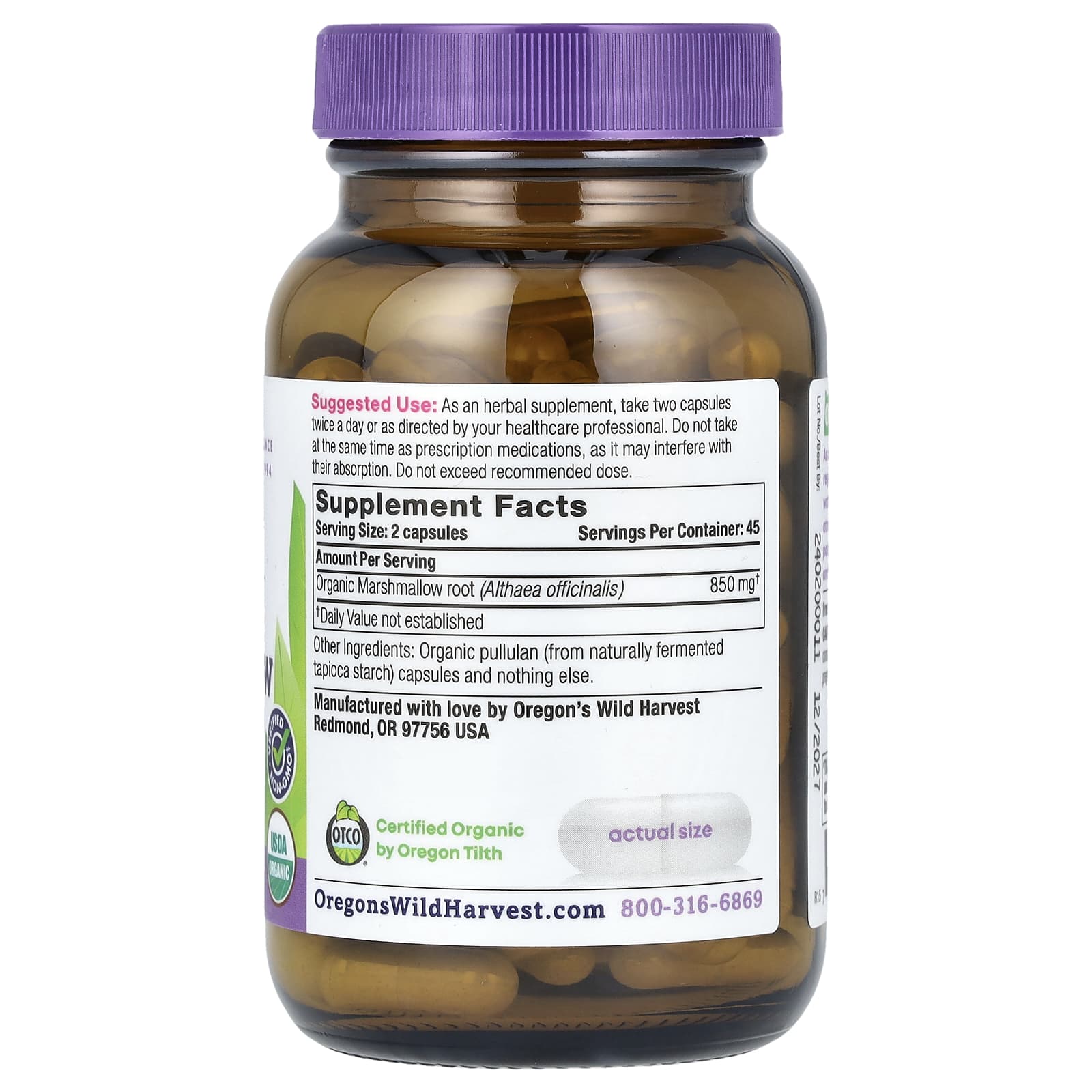 Oregon's Wild Harvest, Organic Marshmallow, 90 Organic Vegan Capsules (425 mg per Capsule) - Image 2