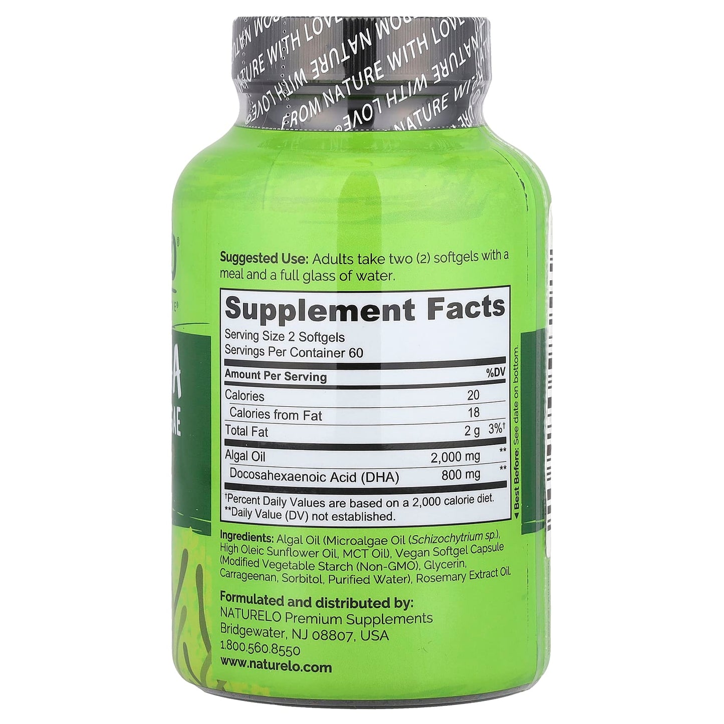 NATURELO, Vegan DHA, Omega-3 from Algae, 120 Vegan Softgels (400 mg per Softgel) - Image 2