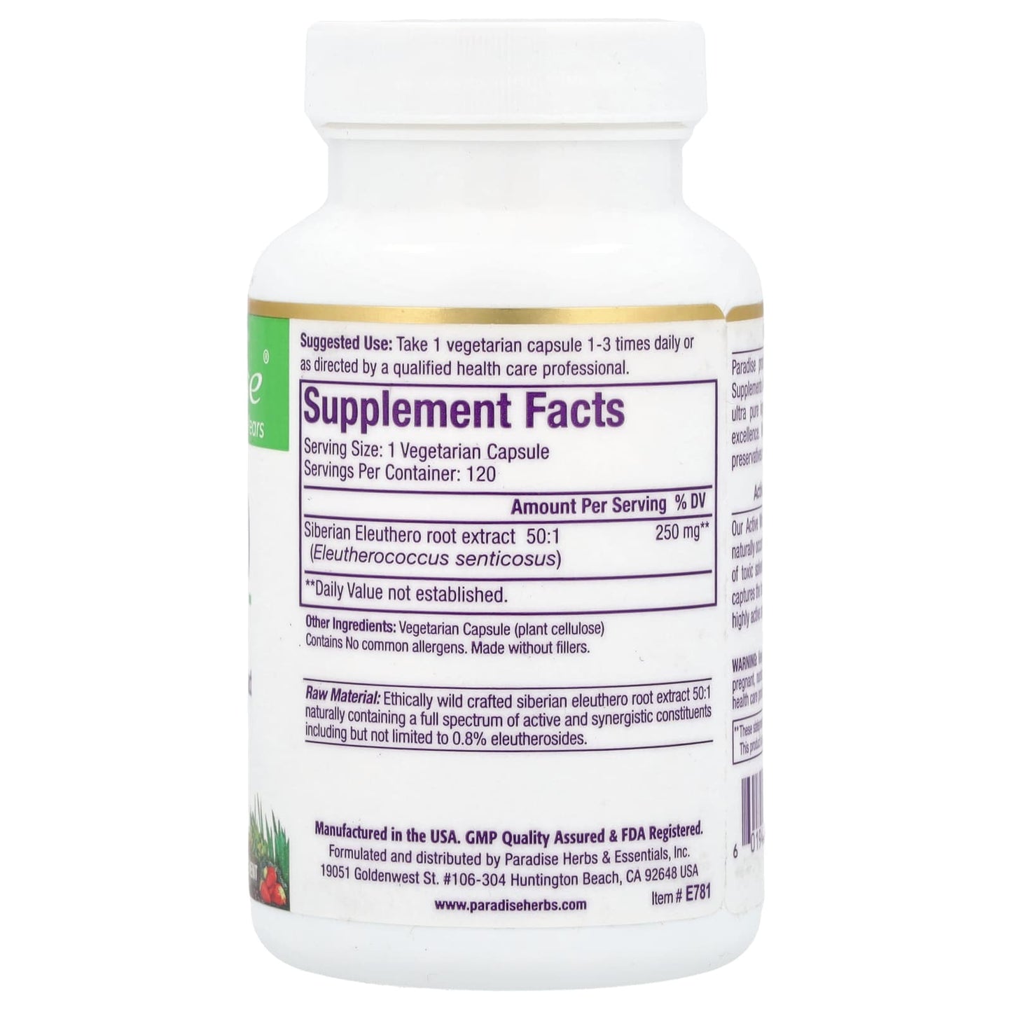 Paradise Herbs, Eleuthero, 120 Vegetarian Capsules (250 mg per Capsule) - Image 2