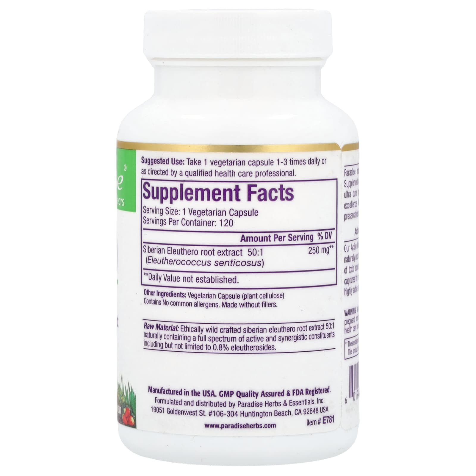 Paradise Herbs, Eleuthero, 120 Vegetarian Capsules (250 mg per Capsule) - Image 2
