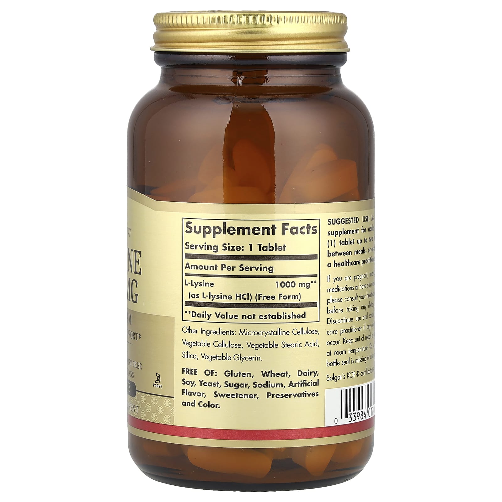Solgar, L-Lysine, Free Form, 1,000 mg, 100 Tablets - Image 2