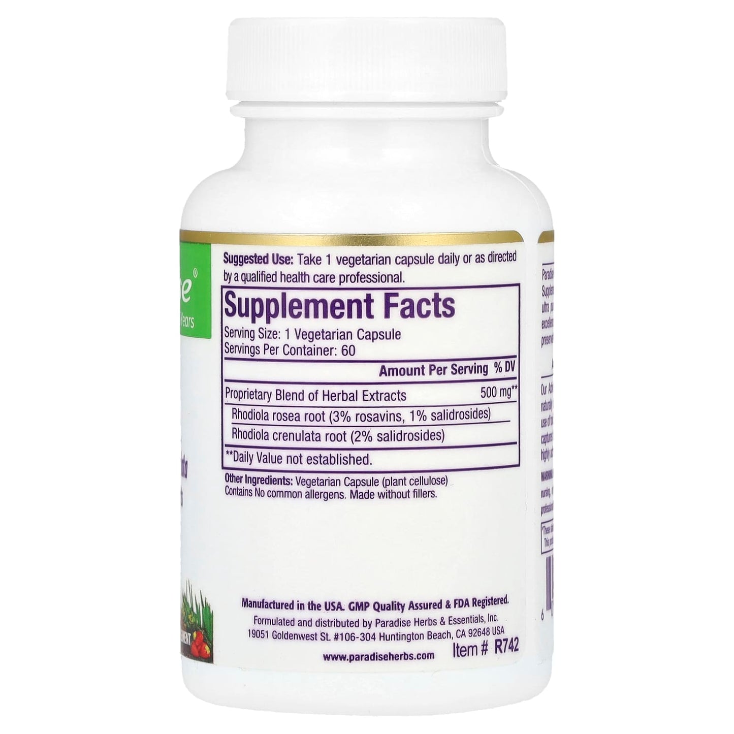 Paradise Herbs, Rhodiola, 60 Vegetarian Capsules (500 mg per Capsule) - Image 2