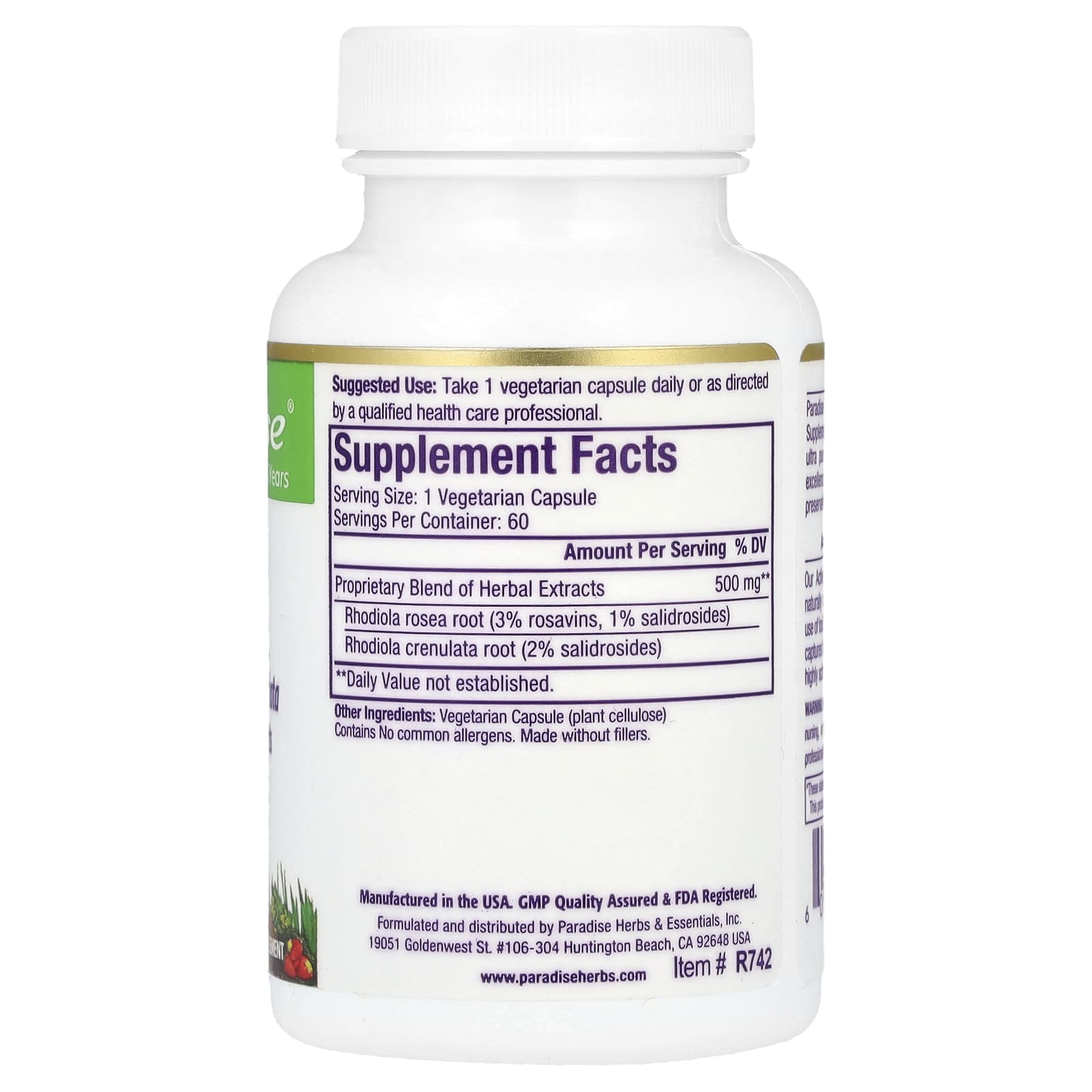 Paradise Herbs, Rhodiola, 60 Vegetarian Capsules (500 mg per Capsule) - Image 2