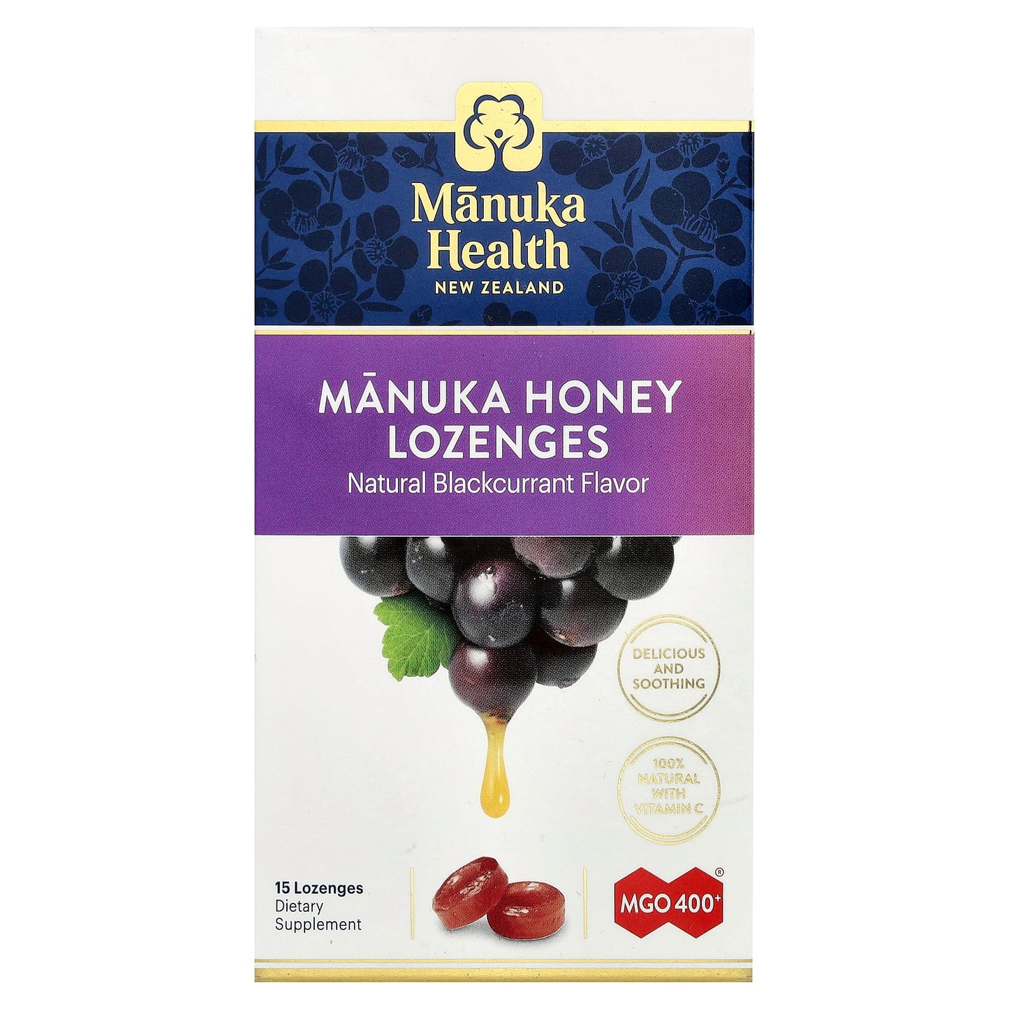 Manuka Health, Manuka Honey Lozenges, Natural Blackcurrant, MGO 400+, 15 Lozenges - Image 1