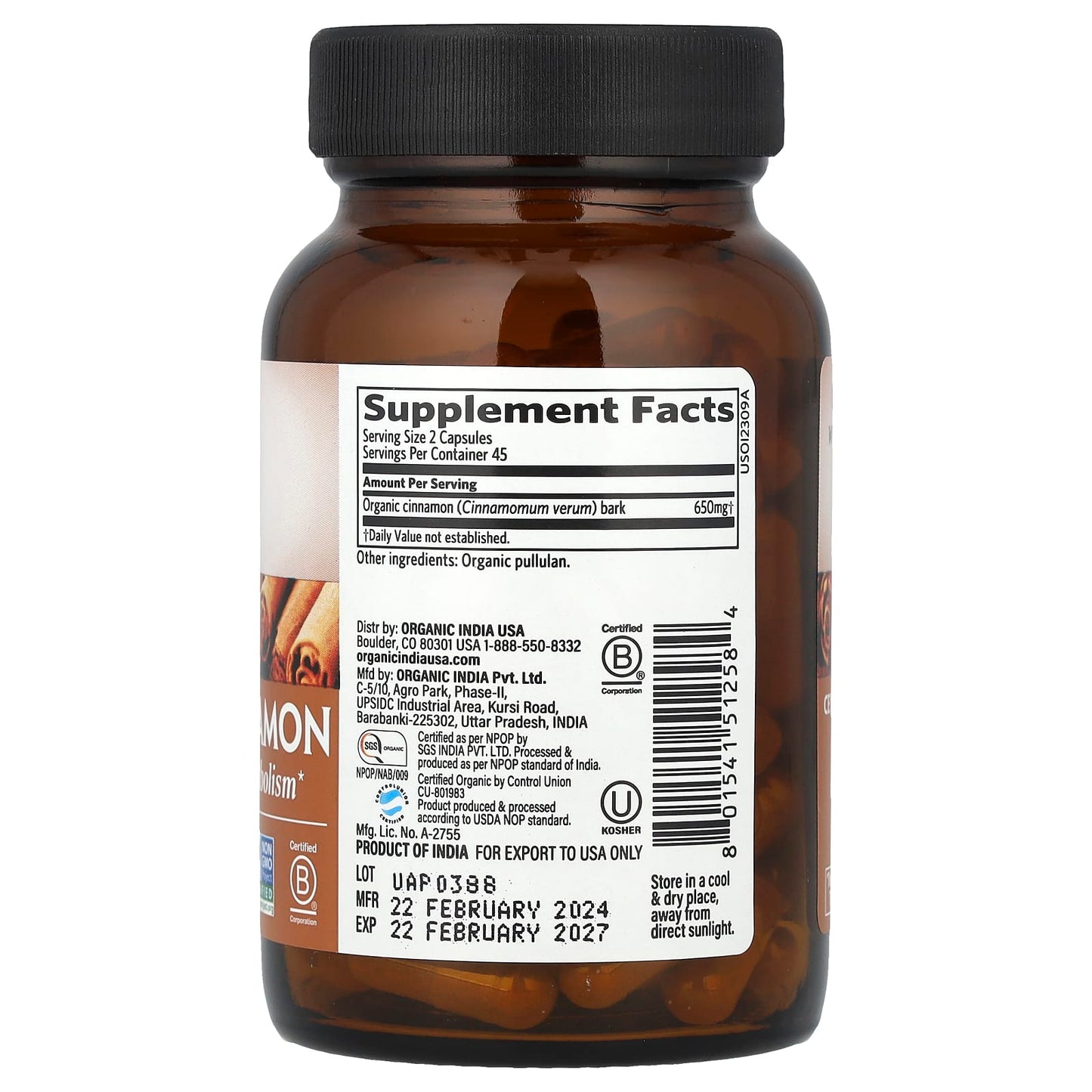 Organic India, Ceylon Cinnamon, 90 Vegetarian Caps (325 mg per Capsule) - Image 2