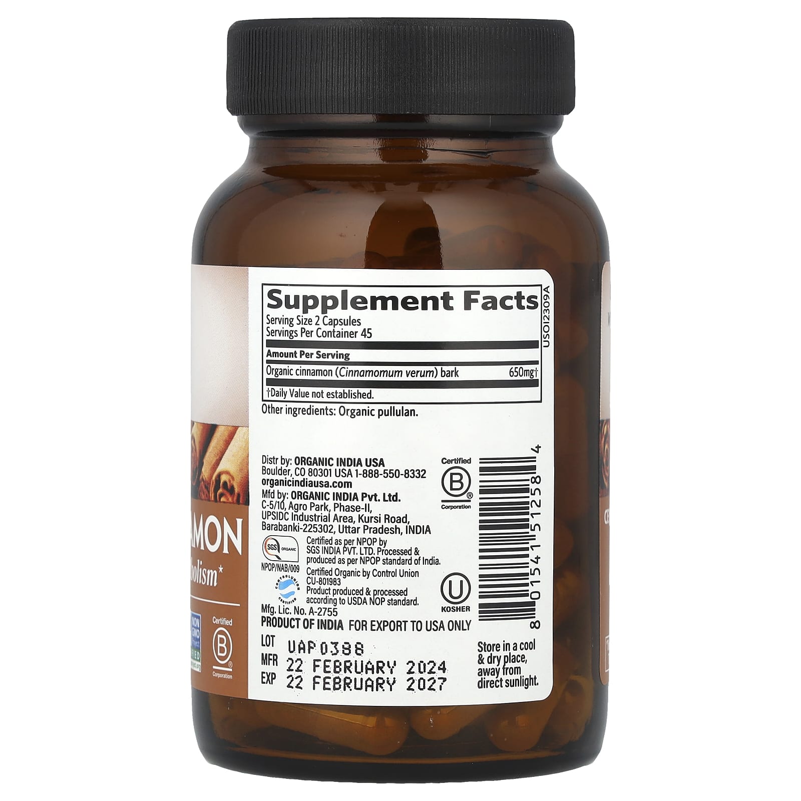 Organic India, Ceylon Cinnamon, 90 Vegetarian Caps (325 mg per Capsule) - Image 2