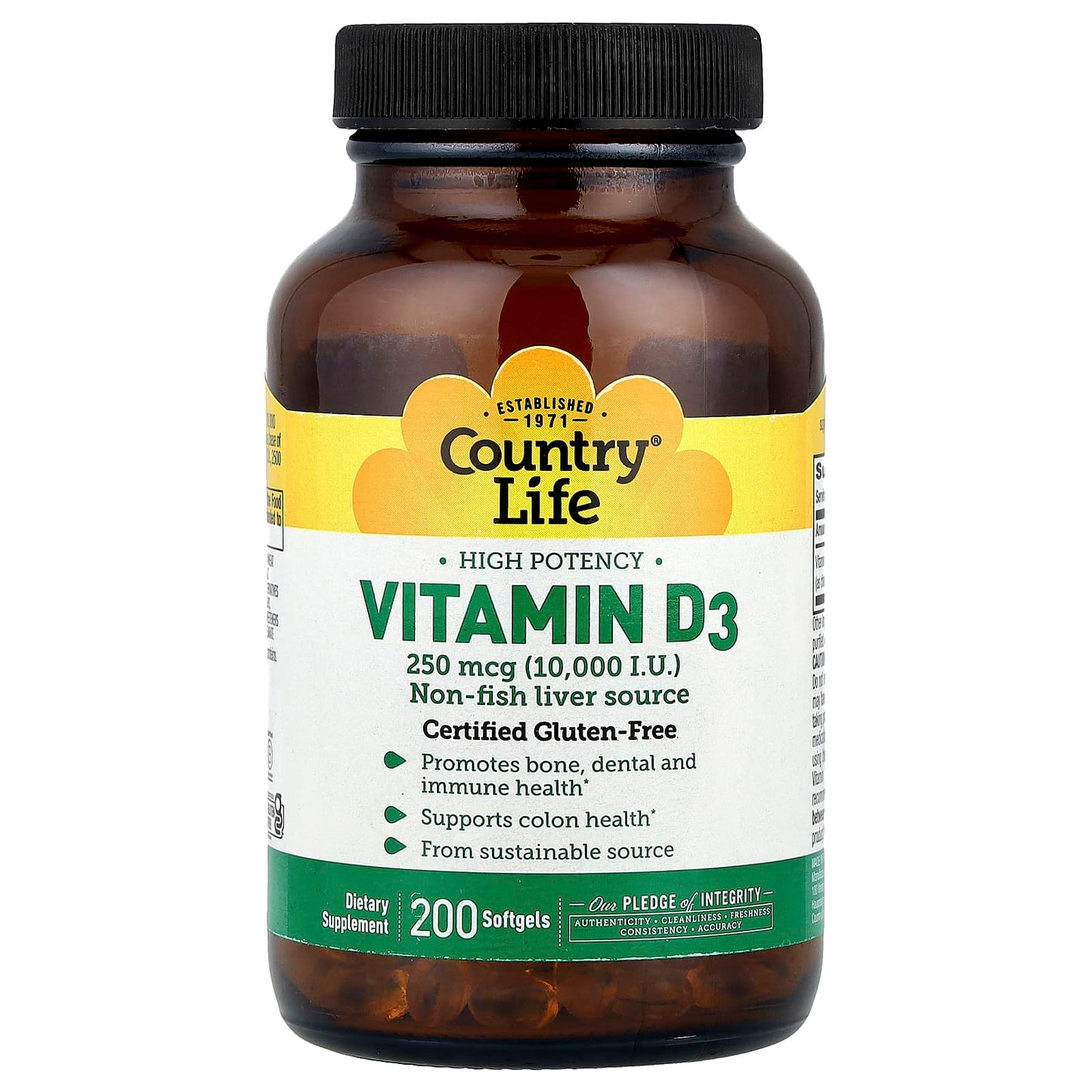Country Life High Potency Vitamin D3 250 mcg (10,000 IU) 200 Softgels - Image 1