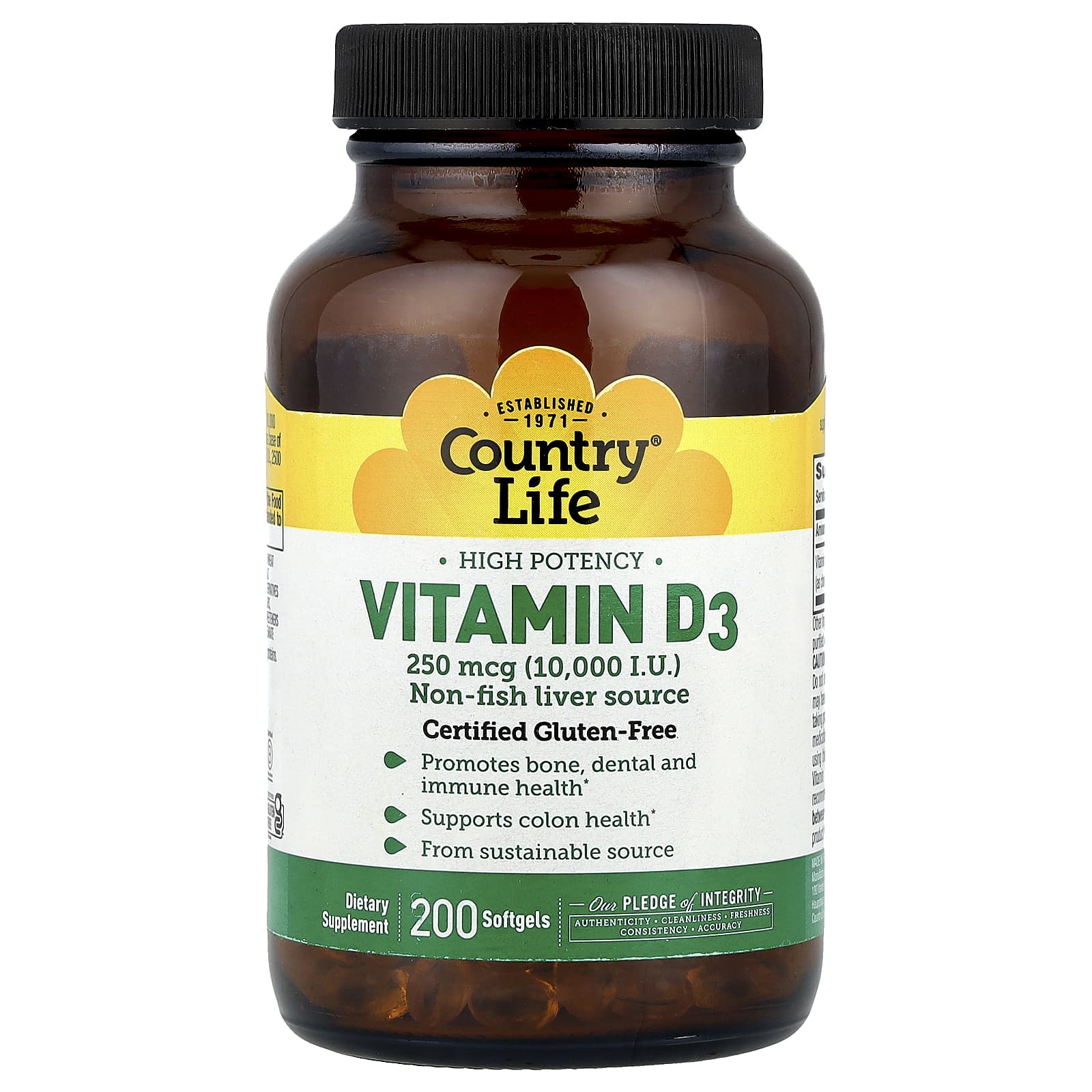 Country Life High Potency Vitamin D3 250 mcg (10,000 IU) 200 Softgels - Image 1