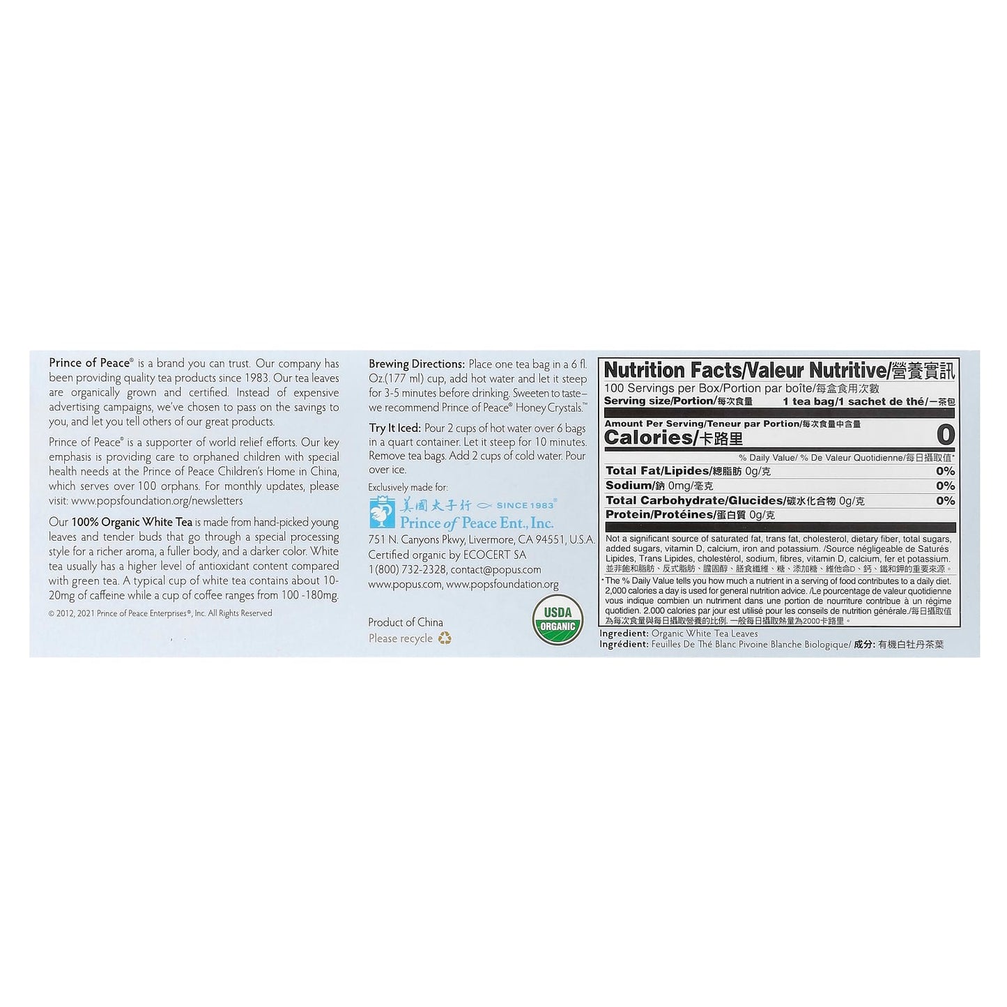 Prince of Peace, 100% Organic White Tea, 100 Tea Bags, 6.35 oz (180 g) - Image 2