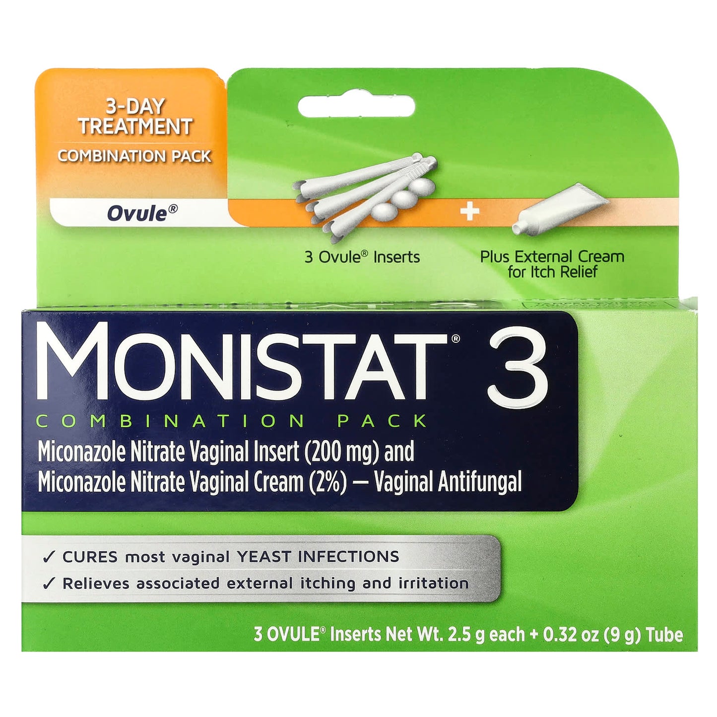 Monistat, 3-Day Treatment Combination Pack, 3 Ovule® Inserts, 2.5 g Each + 0.32 oz (9 g) Tube - Image 1