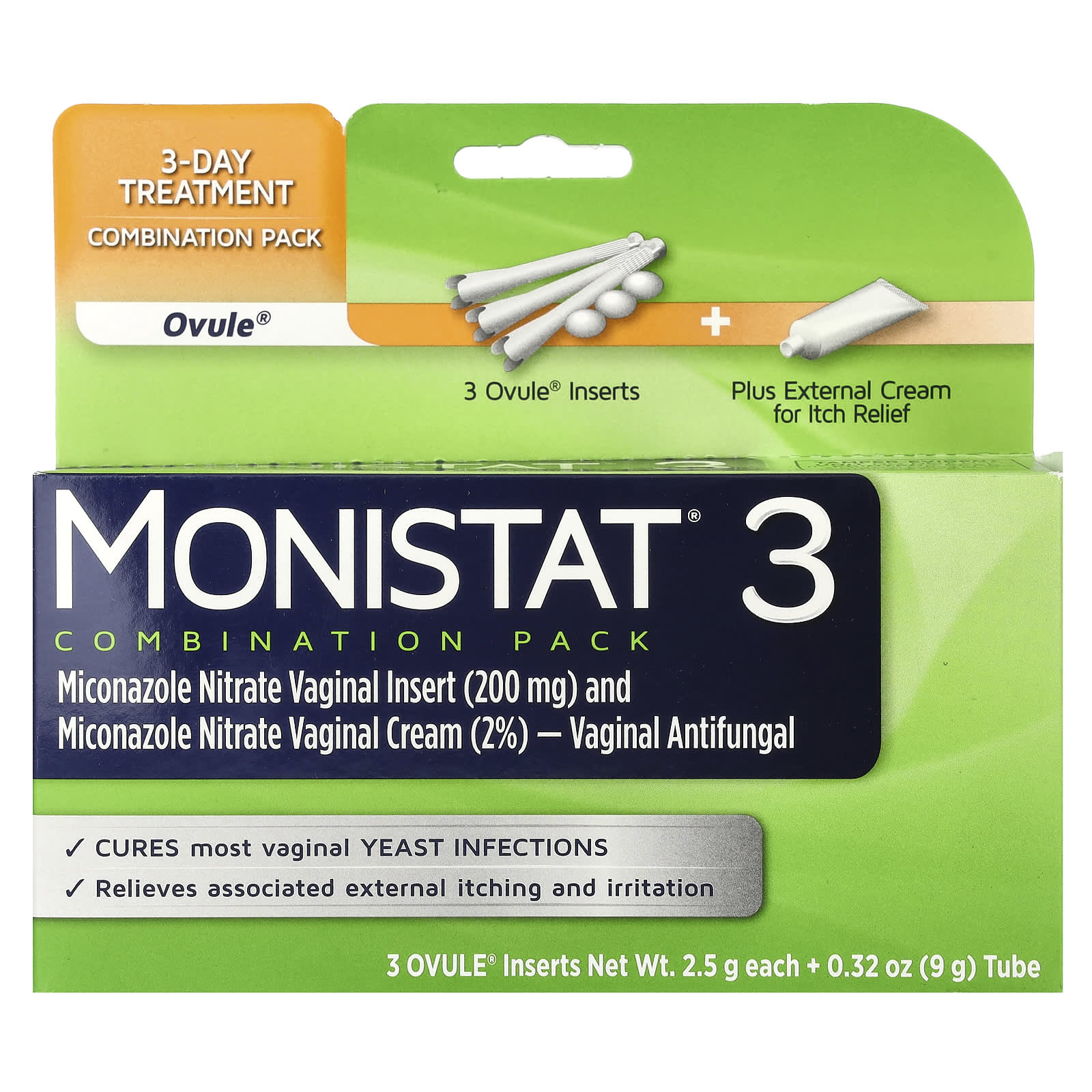 Monistat, 3-Day Treatment Combination Pack, 3 Ovule® Inserts, 2.5 g Each + 0.32 oz (9 g) Tube - Image 1