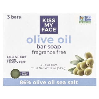 Olive Oil Bar Soap, Fragrance Free, 3 Bars, 4 oz Each, Palm Oil Free