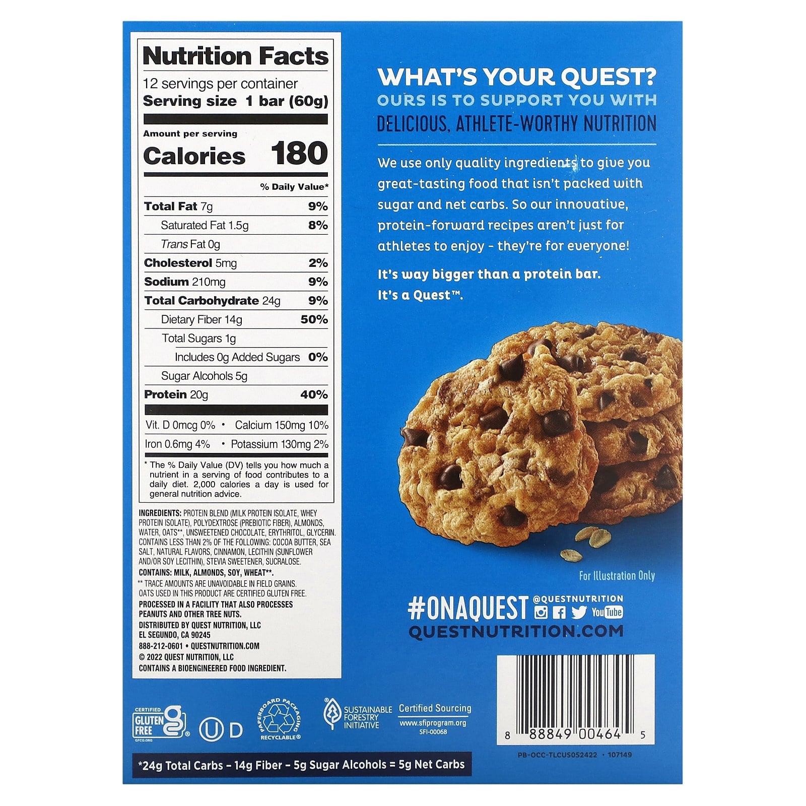 Quest Nutrition, Protein Bar, Oatmeal Chocolate Chip, 12 Bars, 2.12 oz (60 g) Each - Image 2
