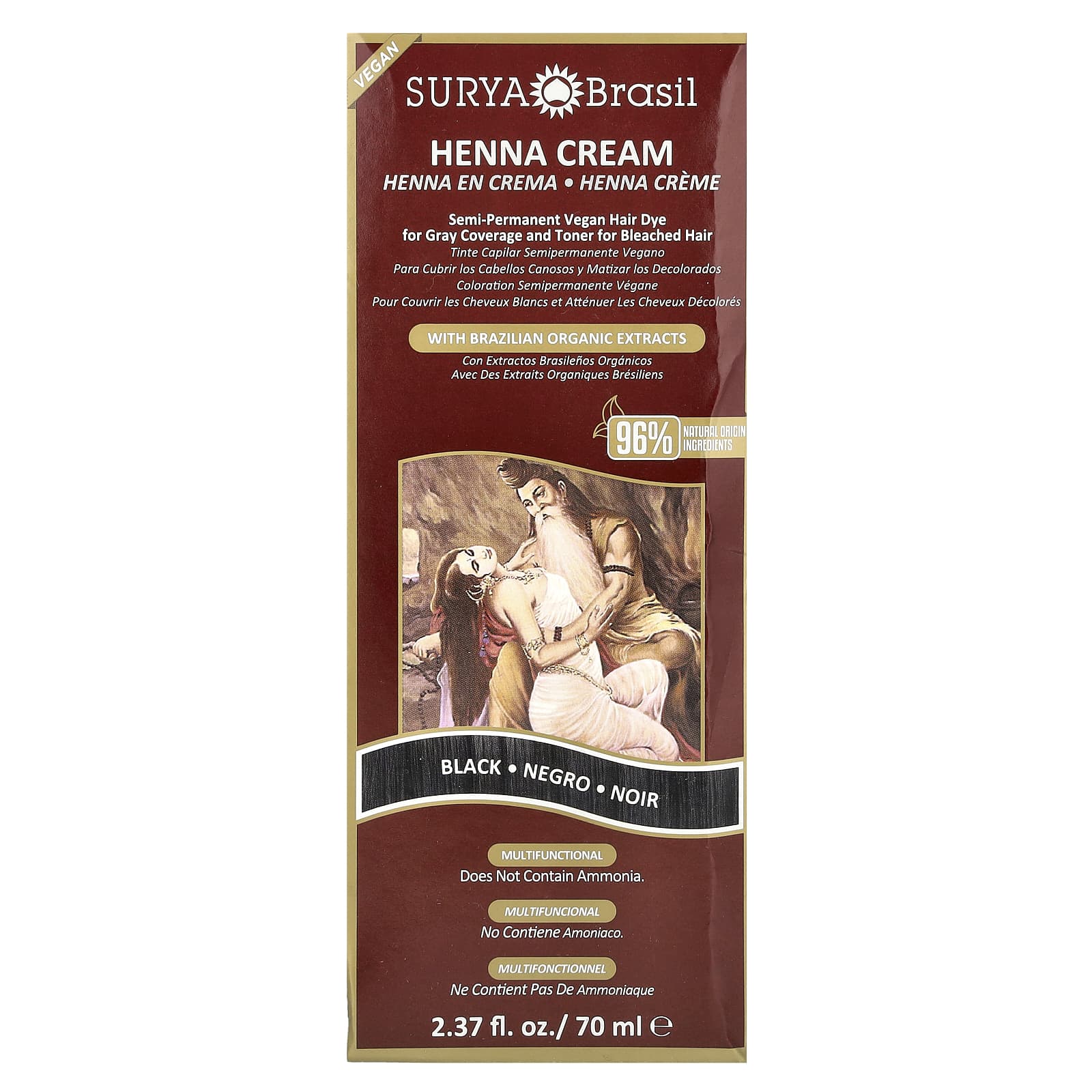 Surya Brasil, Henna Cream, Semi-Permanent Vegan Hair Dye for Gray Coverage and Toner for Bleached Hair, Black, 2.37 fl oz (70 ml) - Image 2