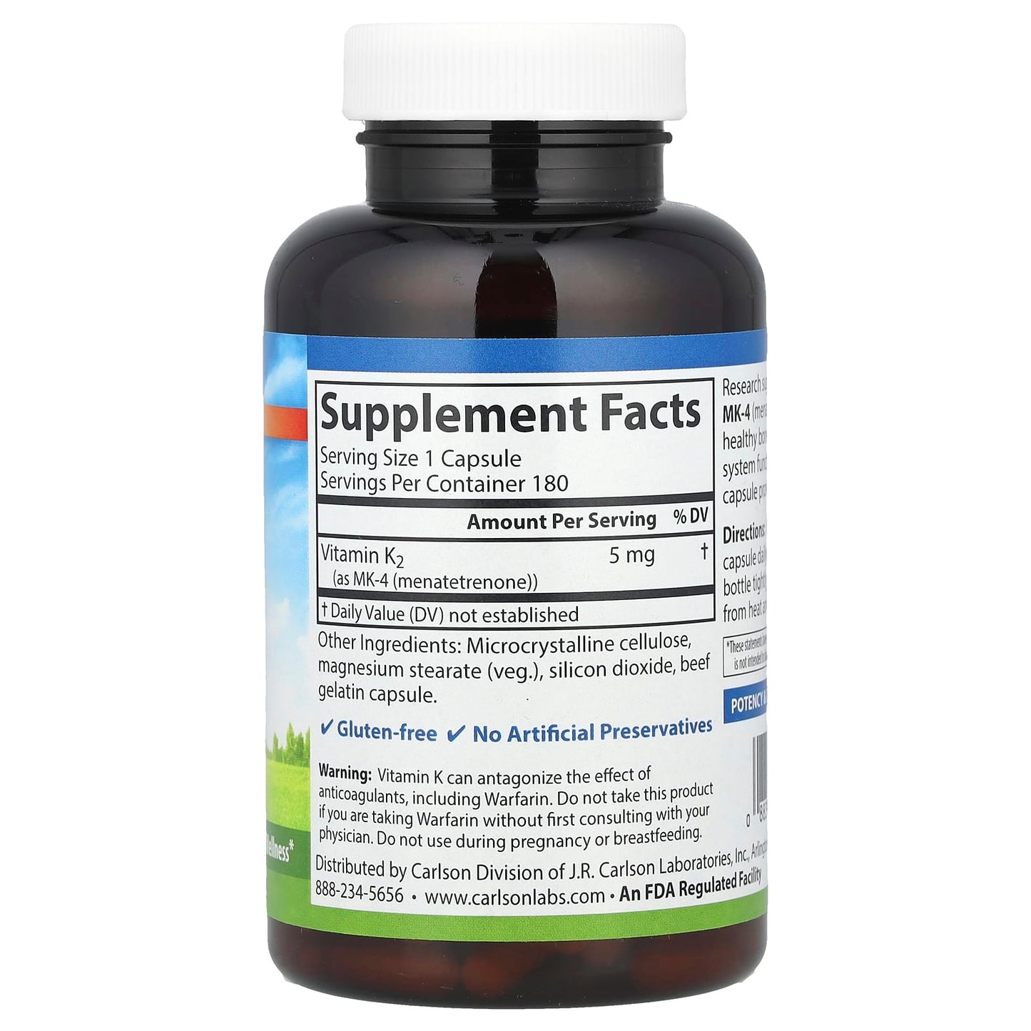 Carlson Vitamin K2 MK-4 5 mg for Bone Support & Heart Health 180 Capsules - Image 2