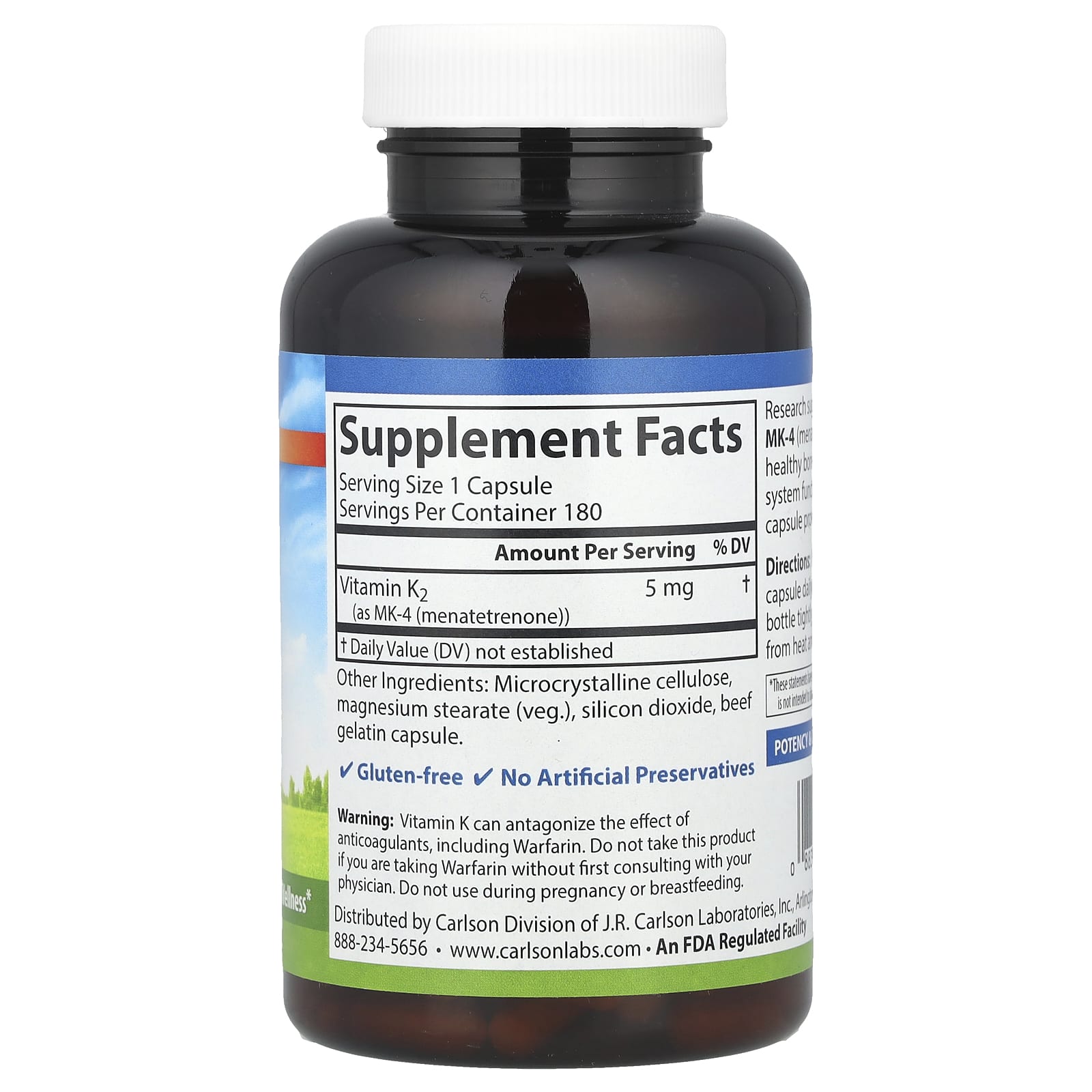 Carlson Vitamin K2 MK-4 5 mg for Bone Support & Heart Health 180 Capsules - Image 2