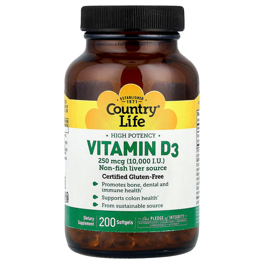 Country Life, Vitamin D3, High Potency , 250 mcg (10,000 IU), 200 Softgels