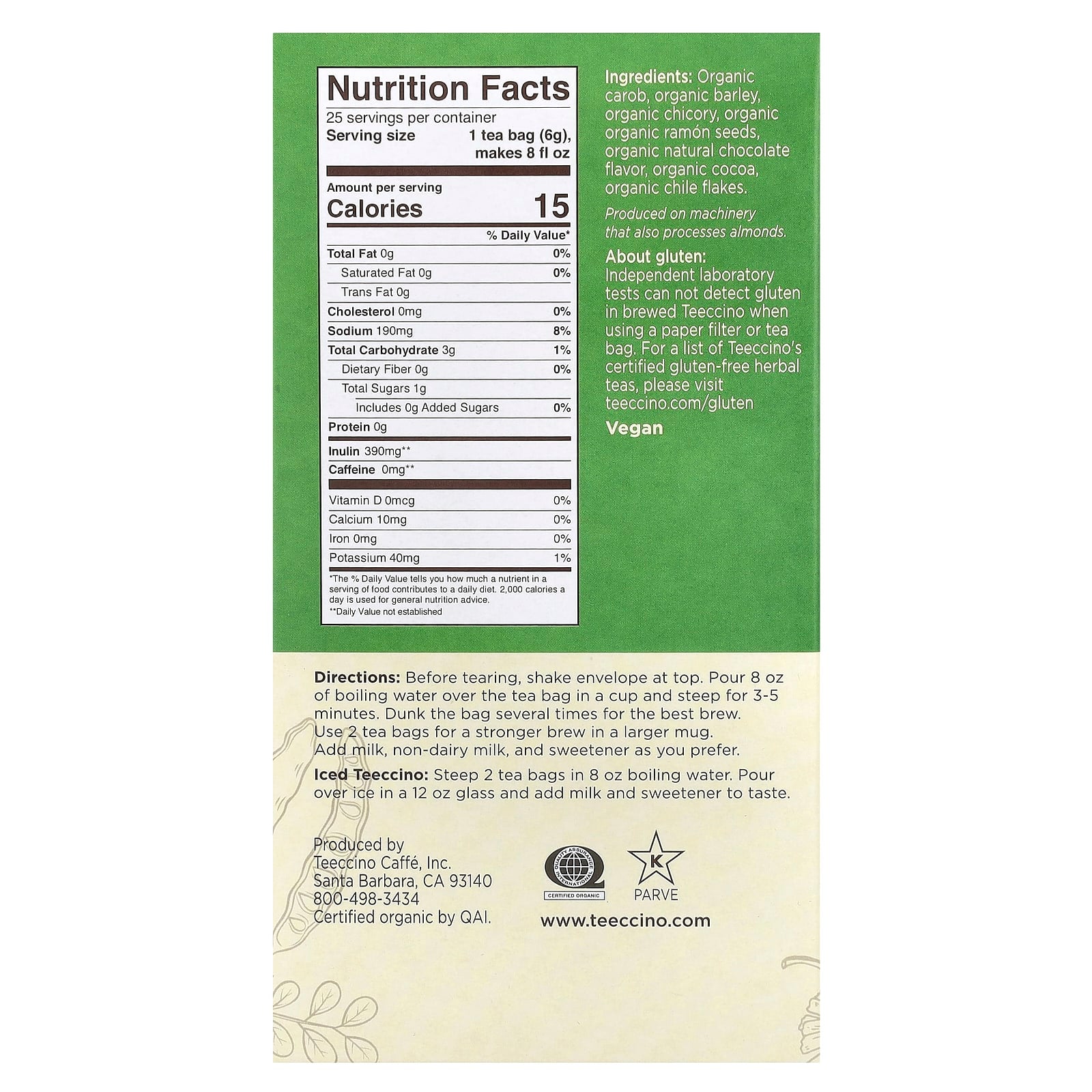 Teeccino, Organic Roasted Herbal Tea, Mexican Chocolate, Caffeine Free, 25 Tea Bags, 5.3 oz (150 g) - Image 2