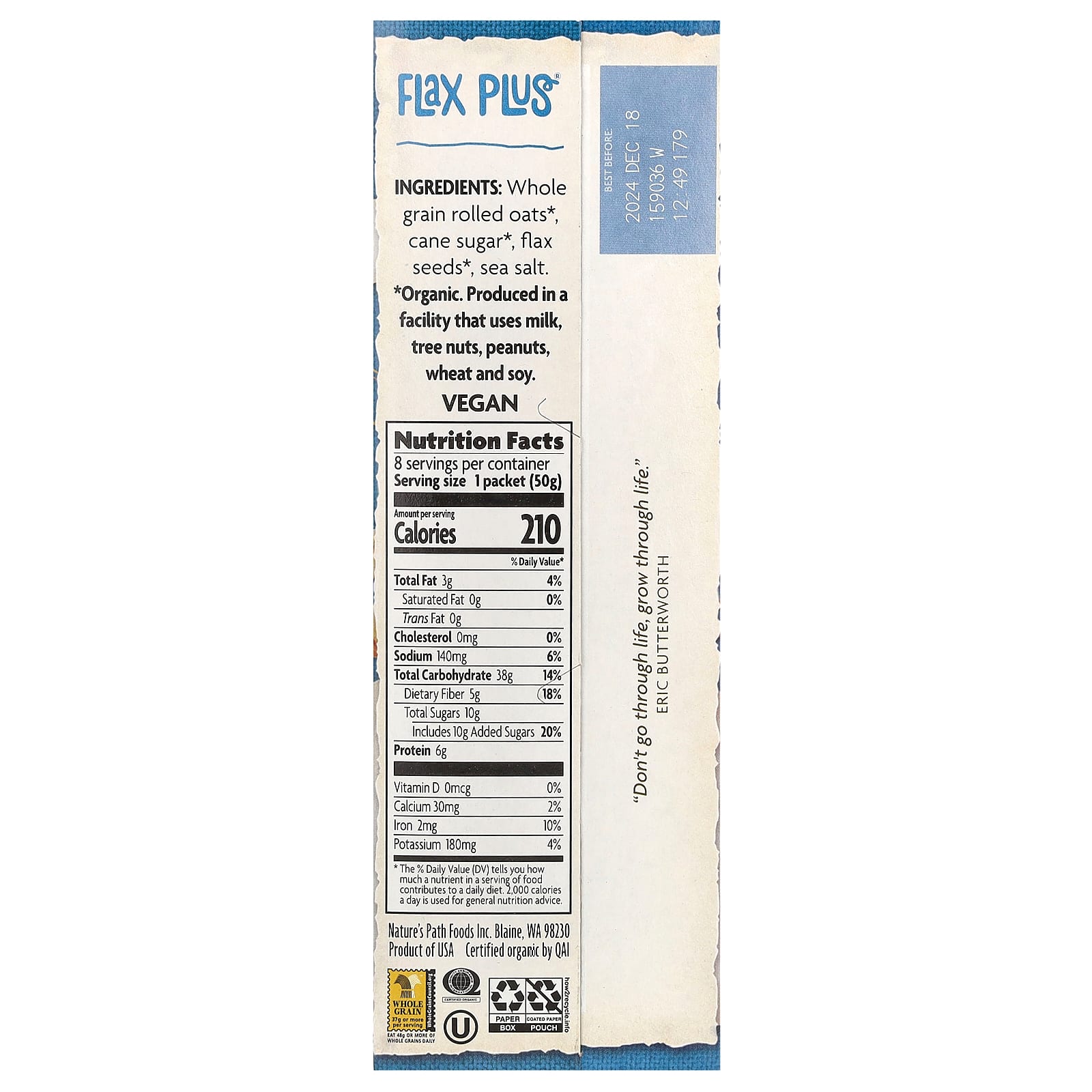Nature's Path, Organic Instant Oatmeal, Flax Plus, 8 Packets, 14 oz (400 g) - Image 2