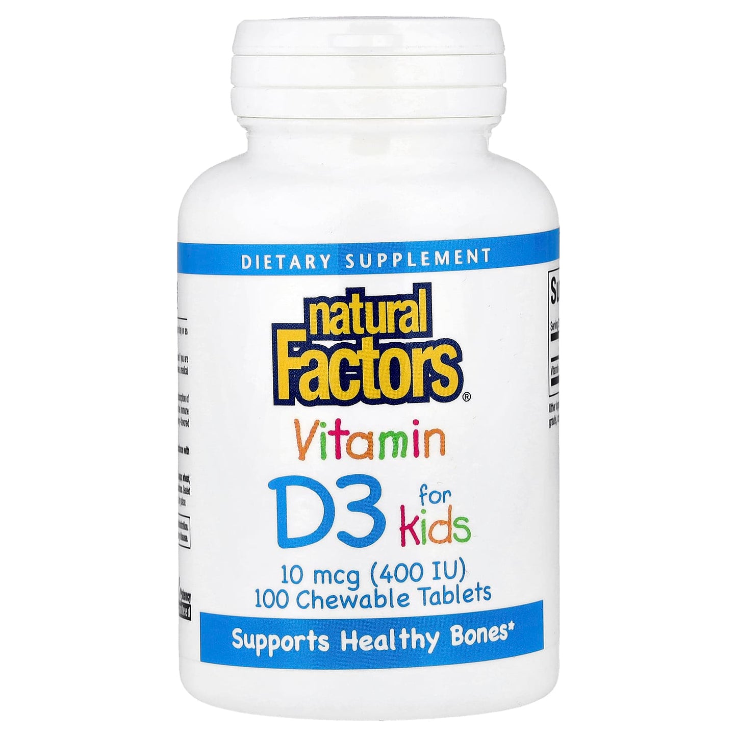 Natural Factors, Vitamin D3 for Kids, Strawberry, 10 mcg (400 IU), 100 Chewable Tablets - Image 1