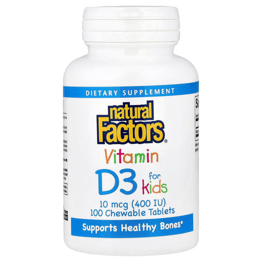 Natural Factors, Vitamin D3 for Kids, Strawberry, 10 mcg (400 IU), 100 Chewable Tablets - Image 1