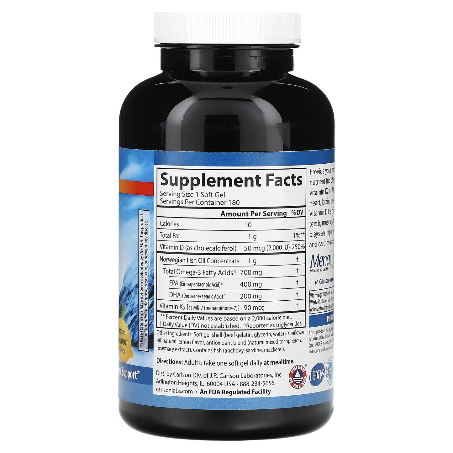 Carlson Omega-3 Plus D & K Supplements - Natural Lemon Flavor, 180 Soft Gels - Image 2