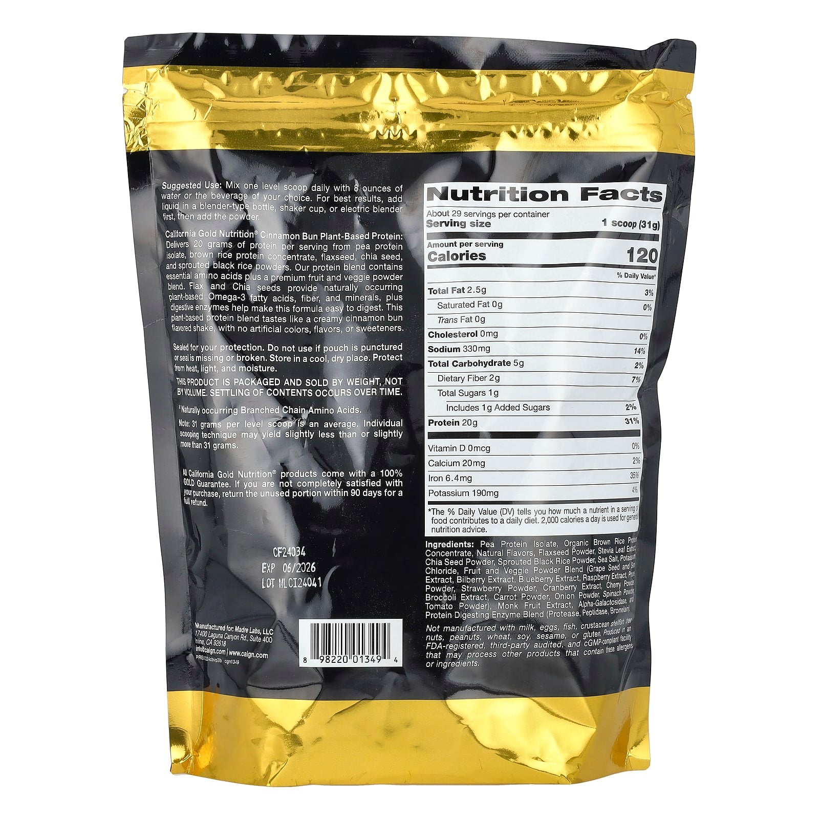 California Gold Nutrition Plant-Based Protein Powder with Organic Brown Rice - Image 2