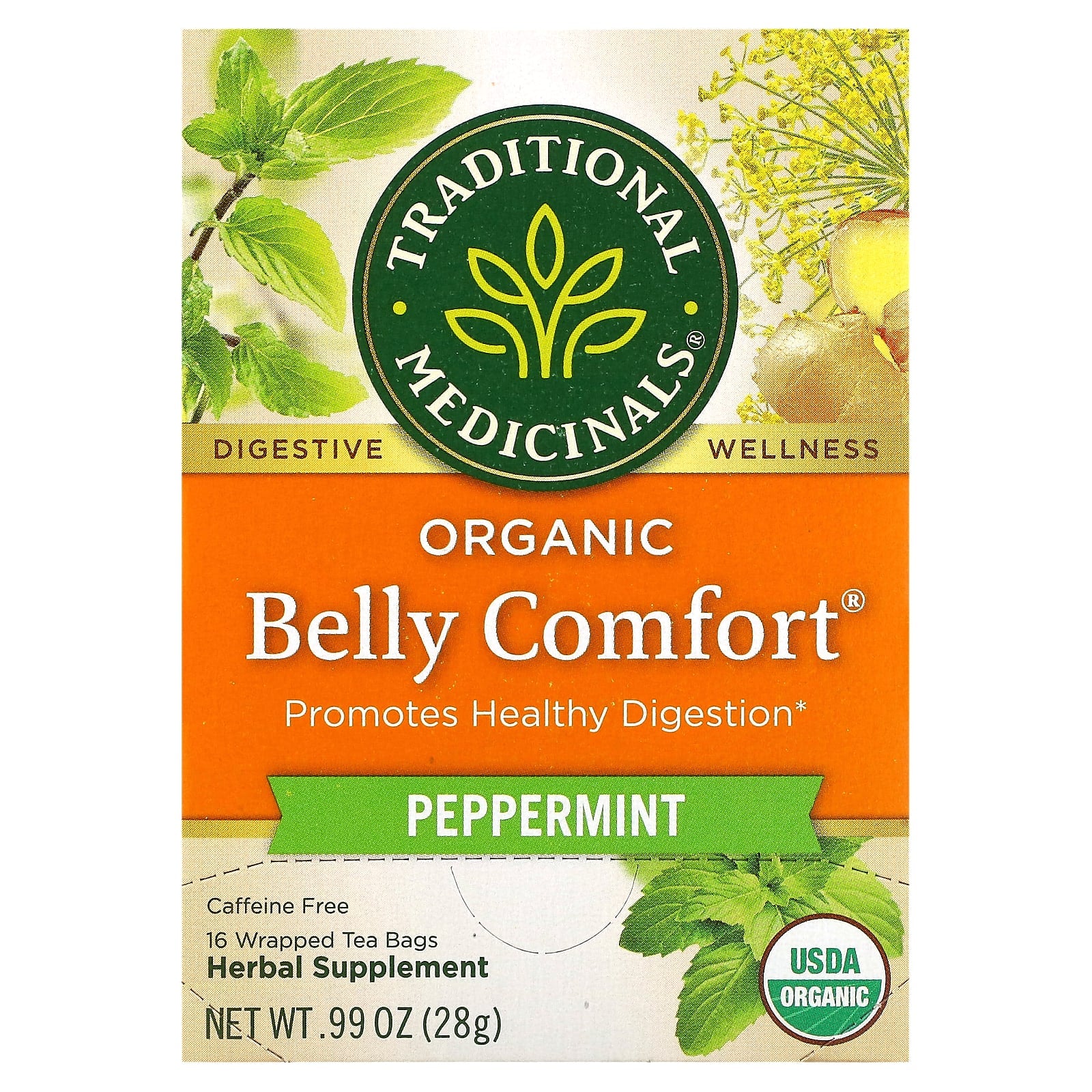 Traditional Medicinals, Organic Belly Comfort, Peppermint, Caffeine Free, 16 Wrapped Tea Bags, 0.99 oz (28 g) - Image 1