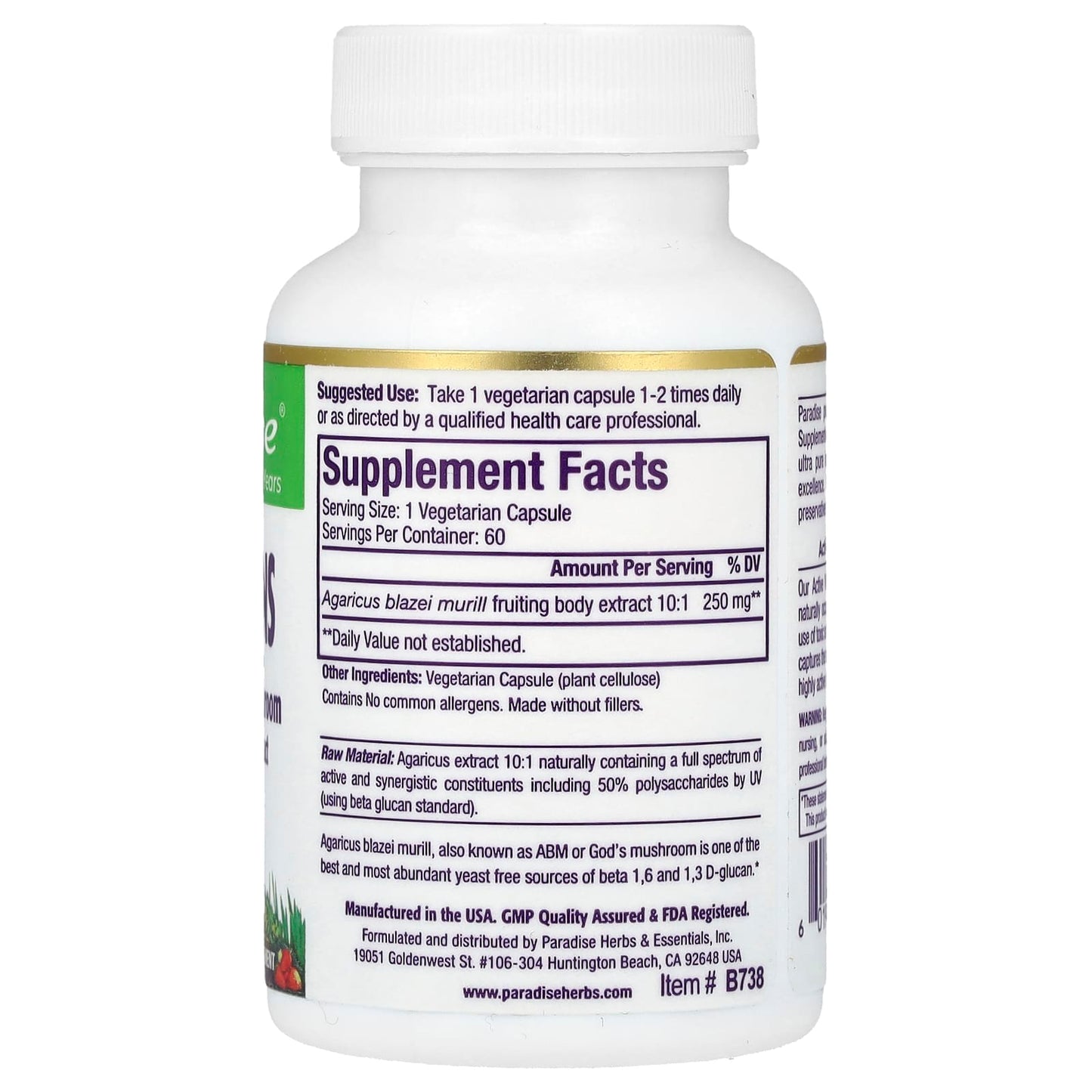 Paradise Herbs, Beta Glucans, 60 Vegetarian Capsules (250 mg per Capsule) - Image 2