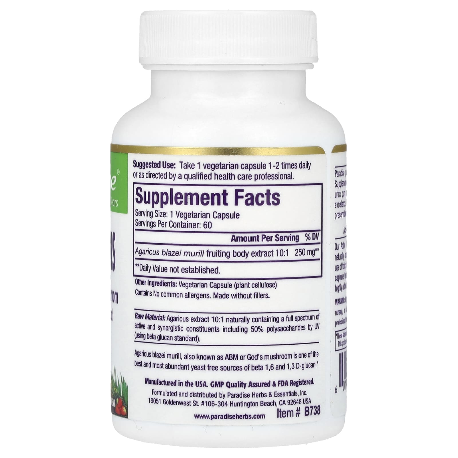 Paradise Herbs, Beta Glucans, 60 Vegetarian Capsules (250 mg per Capsule) - Image 2