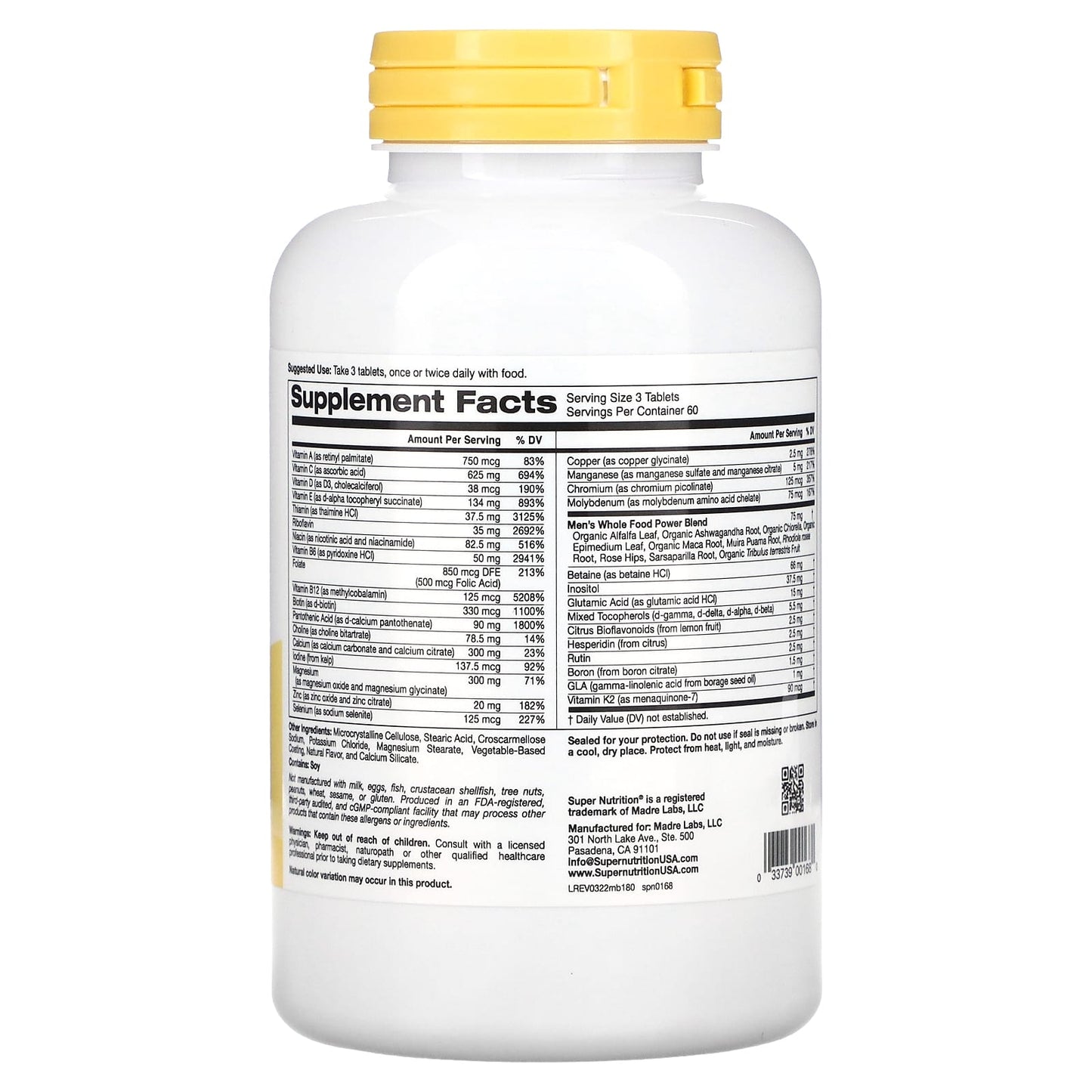 Super Nutrition, Men's Blend, Antioxidant-Rich Multivitamin Plus Whole Food Power Blend, Iron Free, 180 Tablets - Image 2