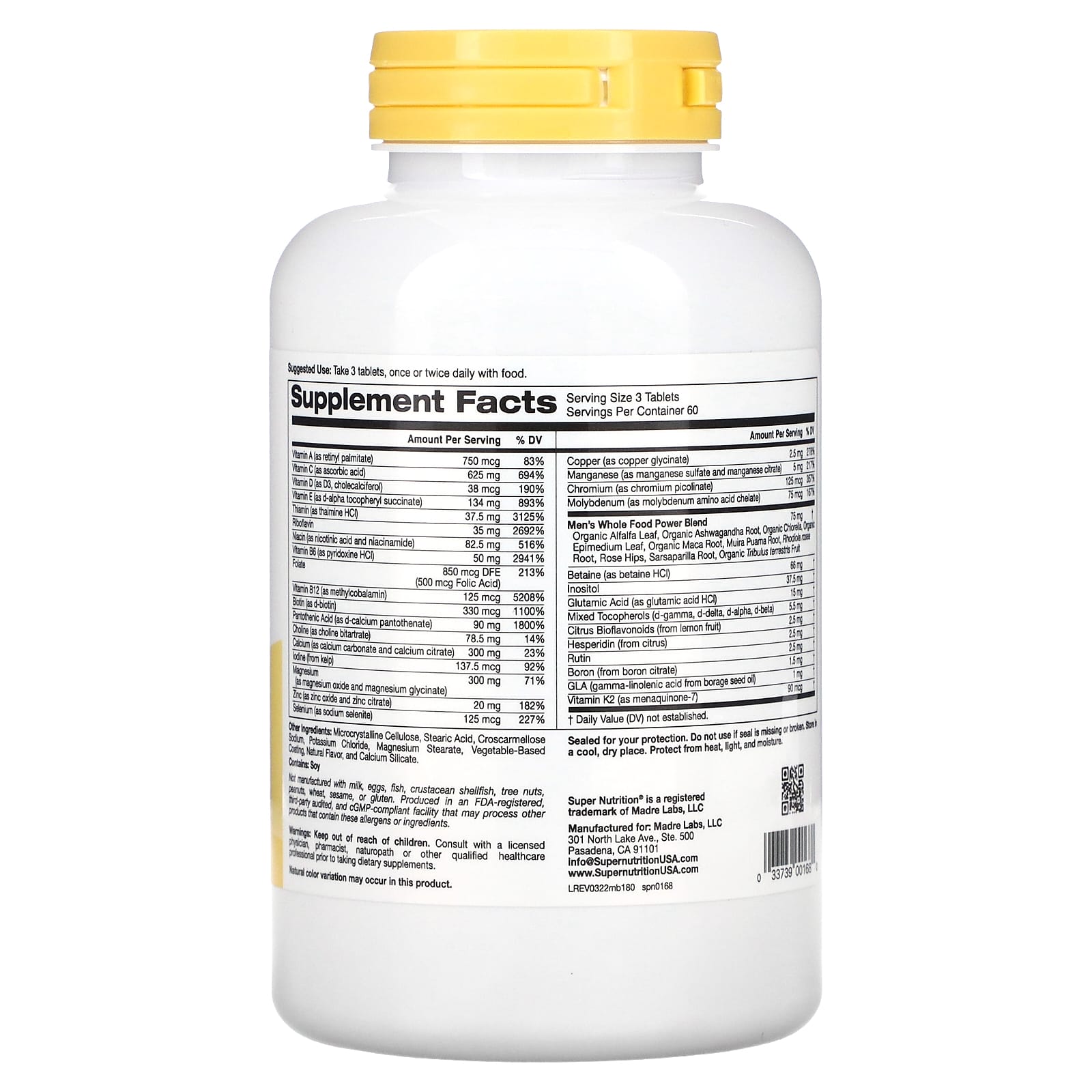 Super Nutrition, Men's Blend, Antioxidant-Rich Multivitamin Plus Whole Food Power Blend, Iron Free, 180 Tablets - Image 2