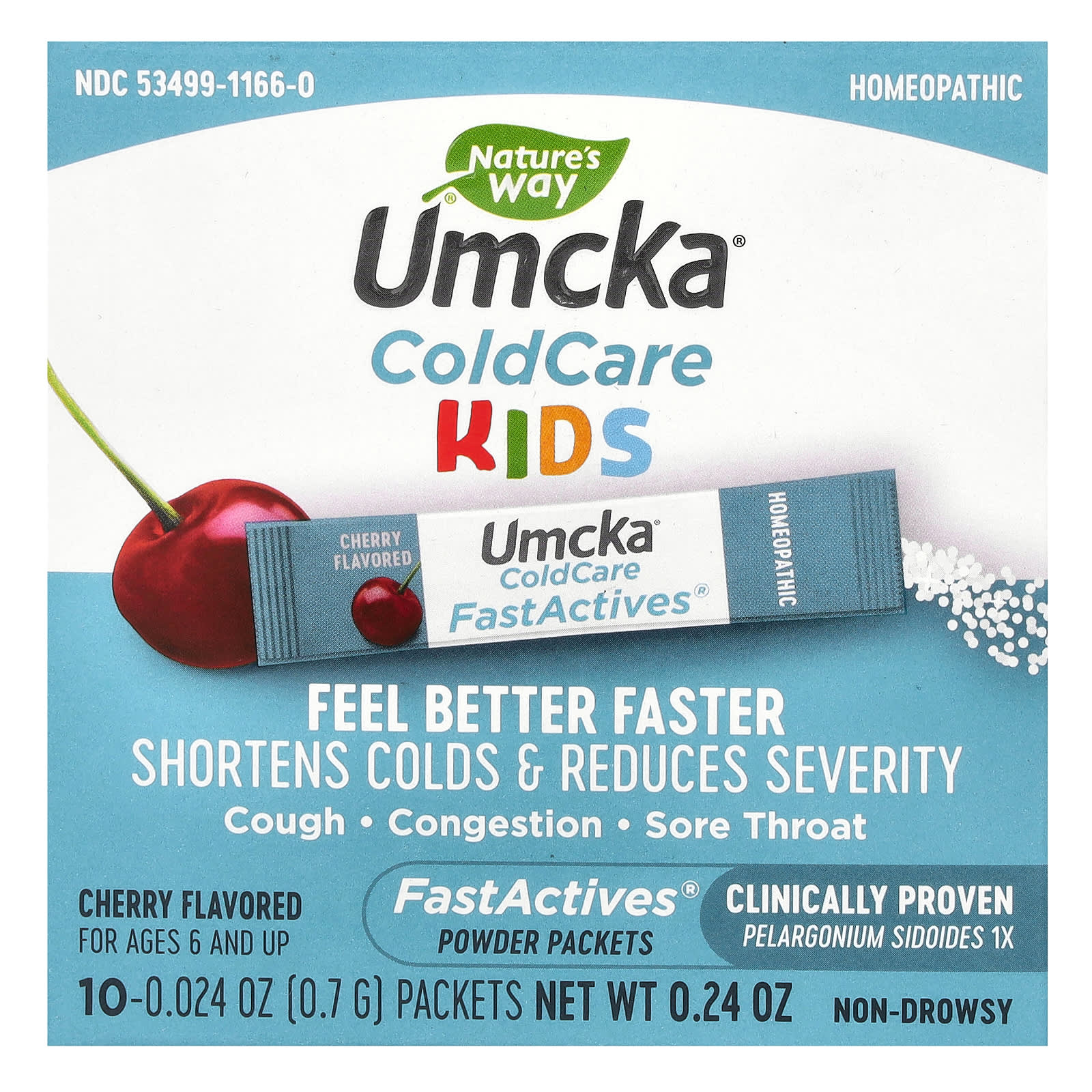 Nature's Way, Umcka, Kids ColdCare, FastActives, For Ages 6 and UP, Cherry, 10 Powder Packets, 0.024 oz (0.7 g) Each