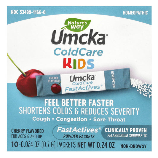 Nature's Way, Umcka, Kids ColdCare, FastActives, For Ages 6 and UP, Cherry, 10 Powder Packets, 0.024 oz (0.7 g) Each