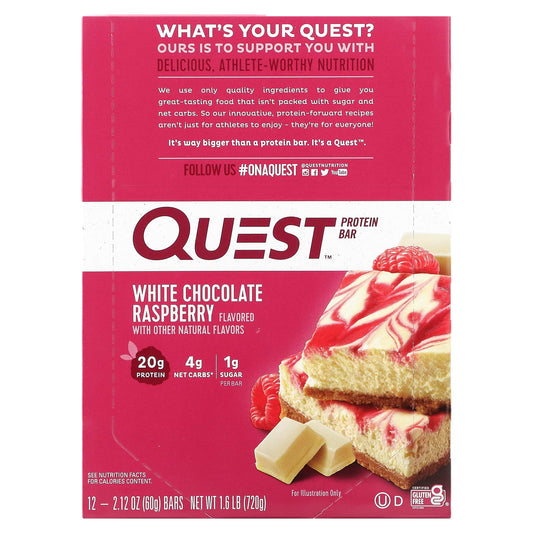 Quest Nutrition, Protein Bar, White Chocolate Raspberry, 12 Bars, 2.12 oz (60 g) Each - Image 1
