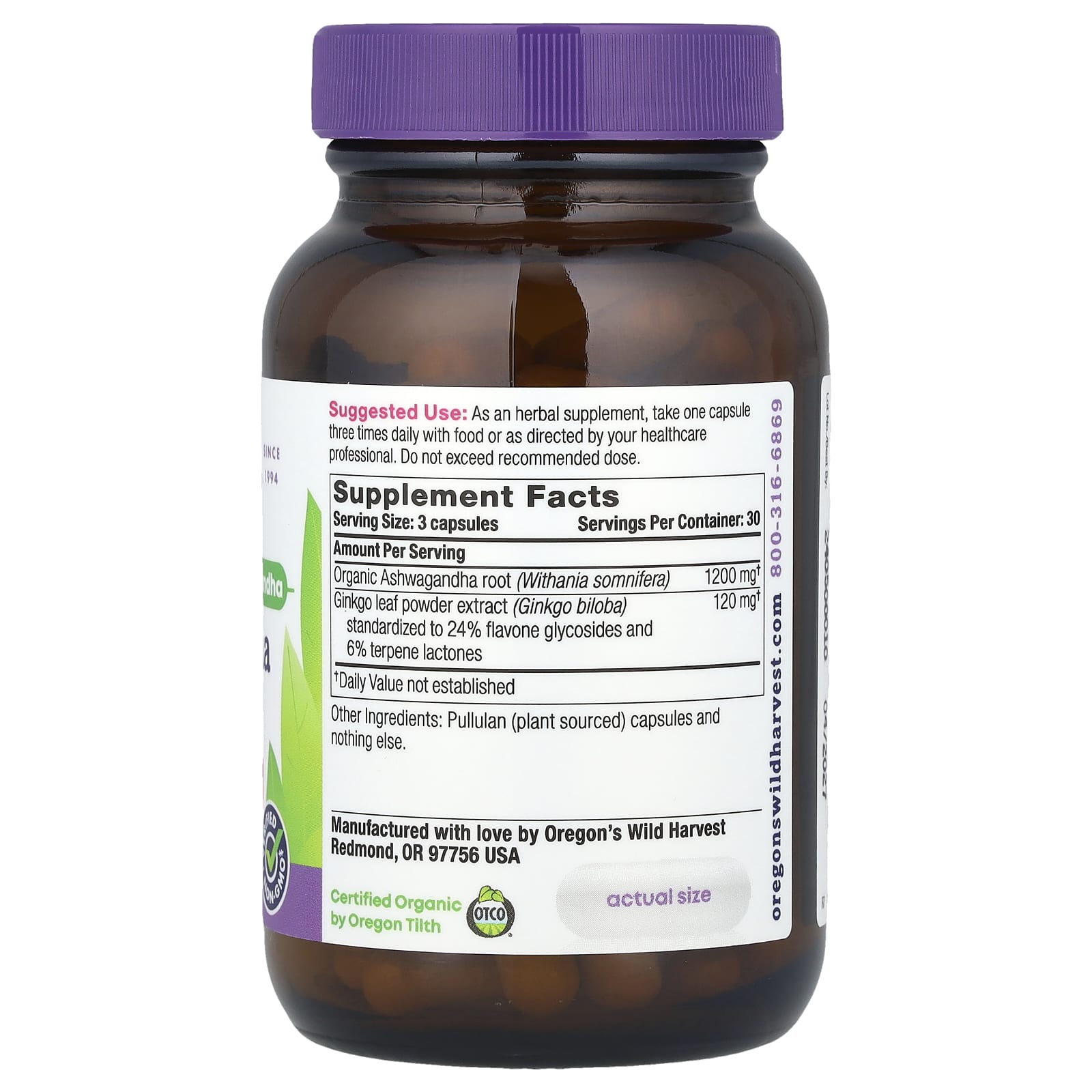 Oregon's Wild Harvest, Ashwagandha Ginkgo, 90 Vegan Capsules - Image 2