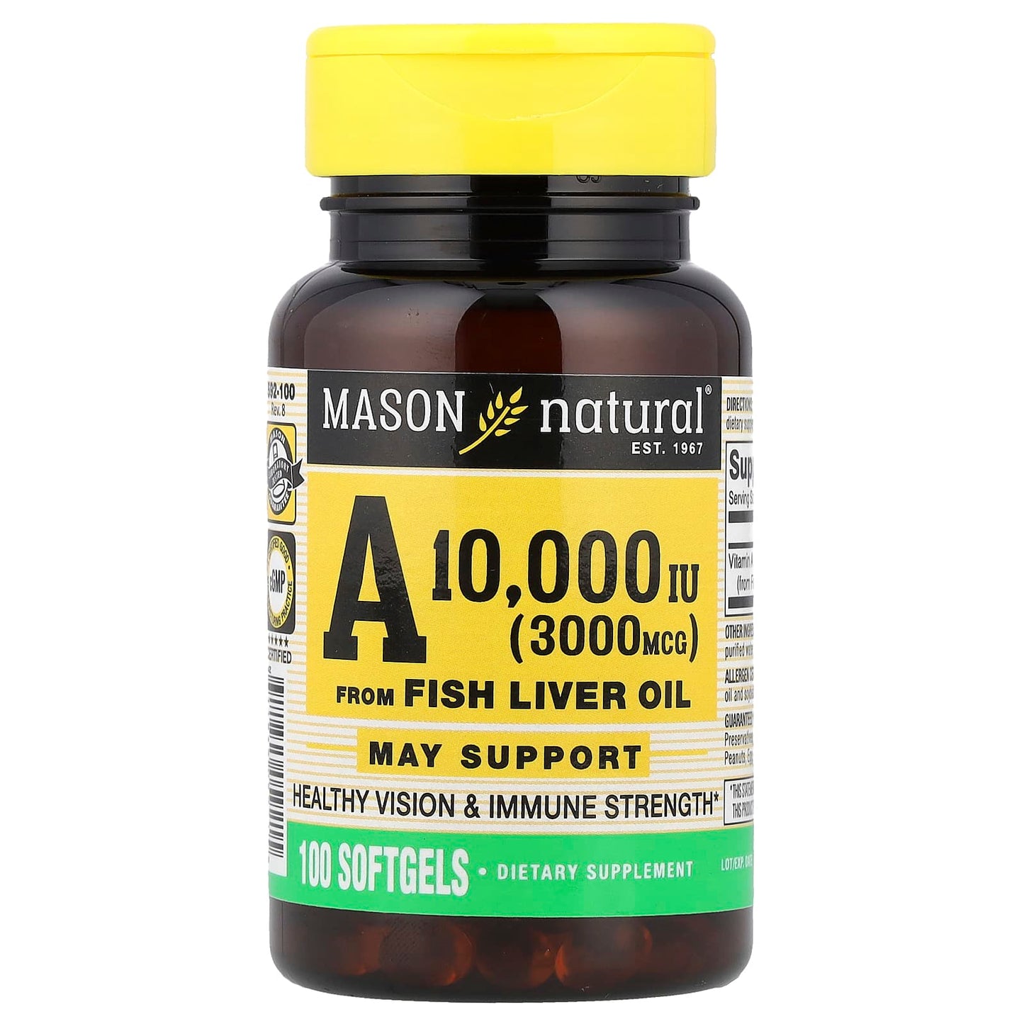 Mason Natural, Vitamin A from Fish Liver Oil, 3,000 mcg (10,000 IU), 100 Softgels - Image 1